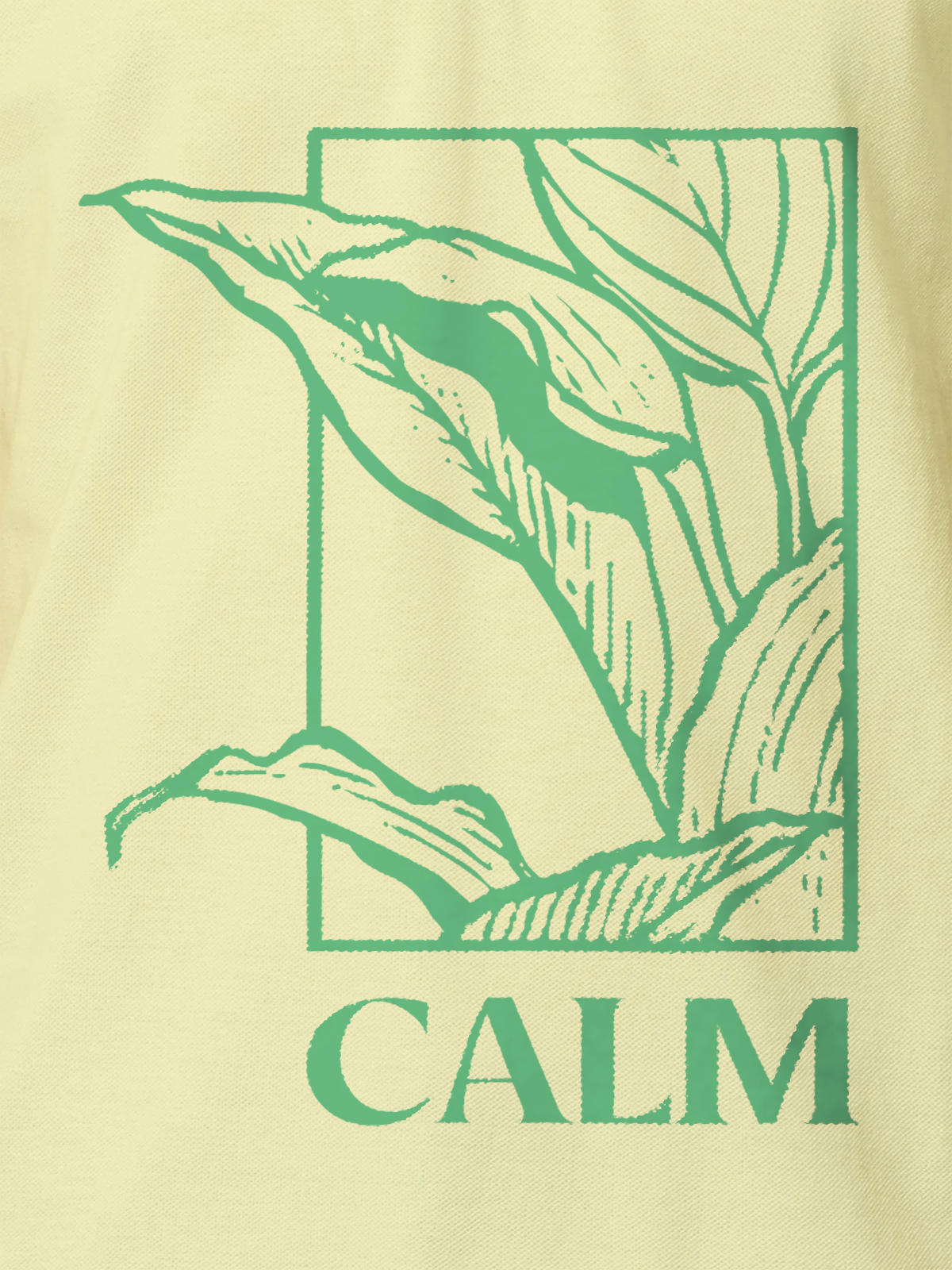 Close up of 'Calm' design on Men's Yellow Polo T-shirt, highlighting intricate details and vibrant print.