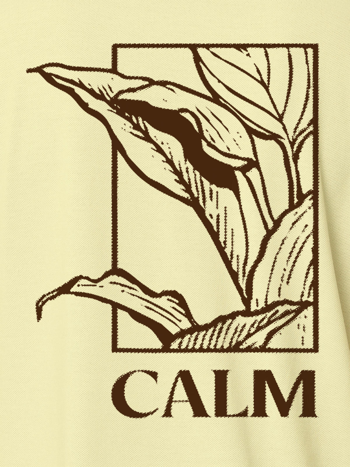 Close up of 'Calm' design on Women's Yellow Polo T-shirt, highlighting intricate details and vibrant print.