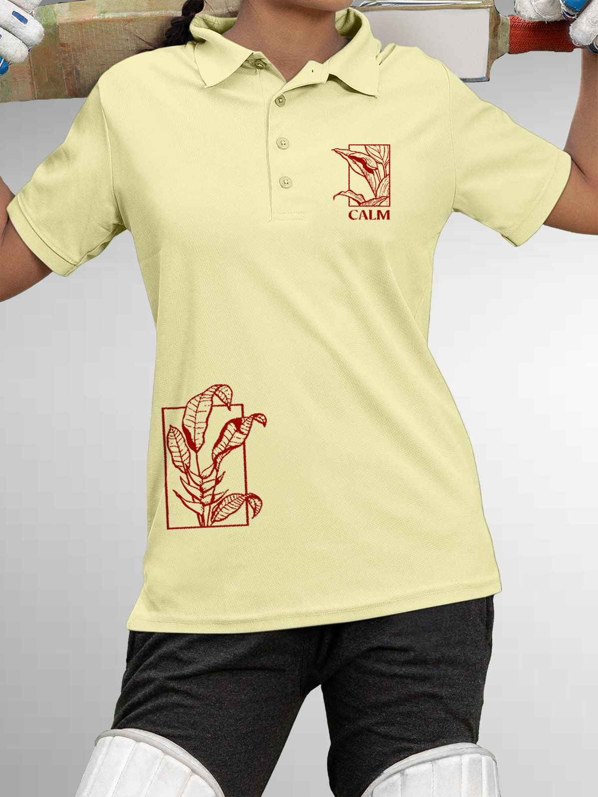 Model wearing Women's Yellow Polo T-shirt with 'Calm' design, offering effortless style and premium comfort