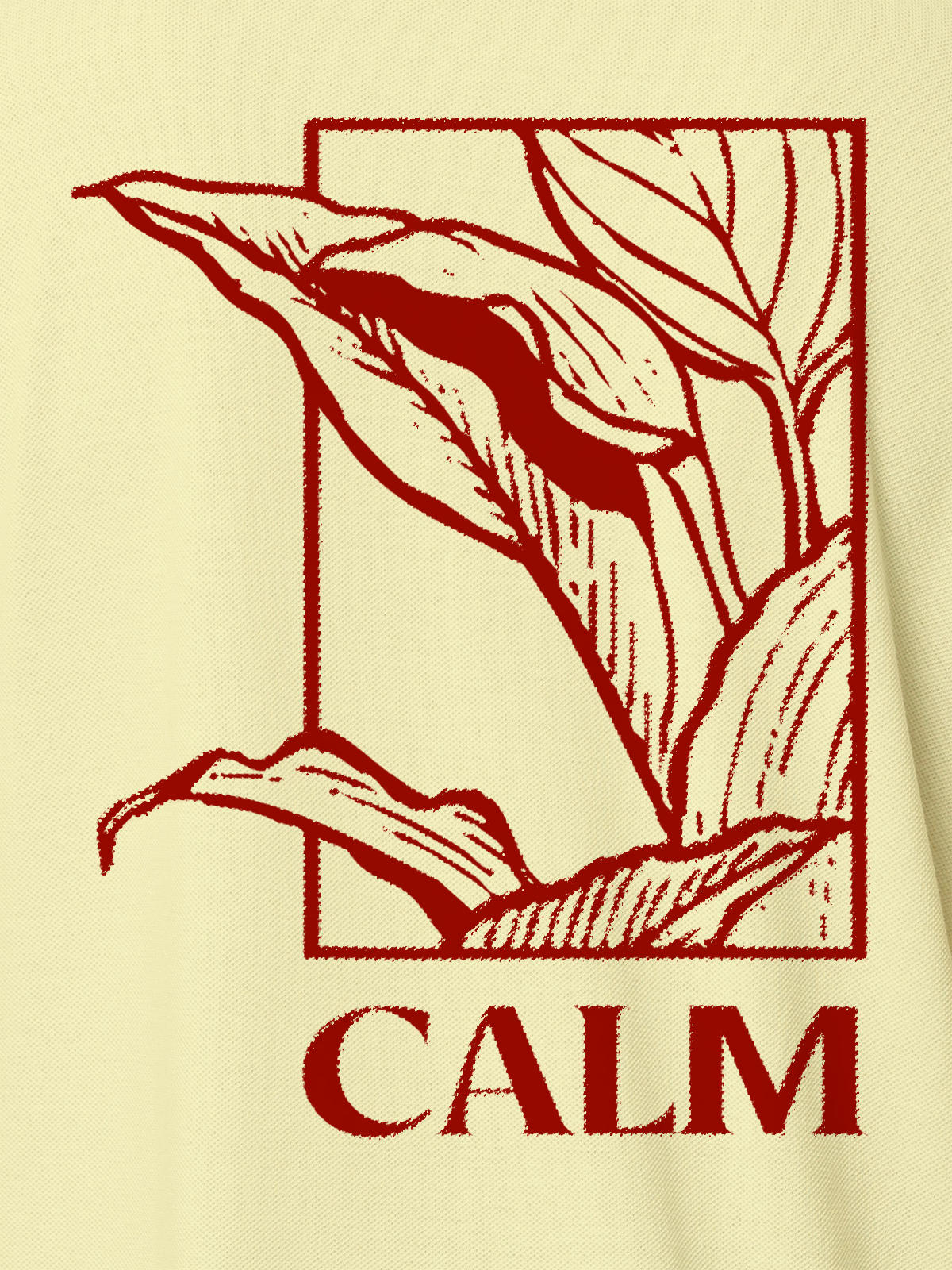 Close up of 'Calm' design on Women's Yellow Polo T-shirt, highlighting intricate details and vibrant print.