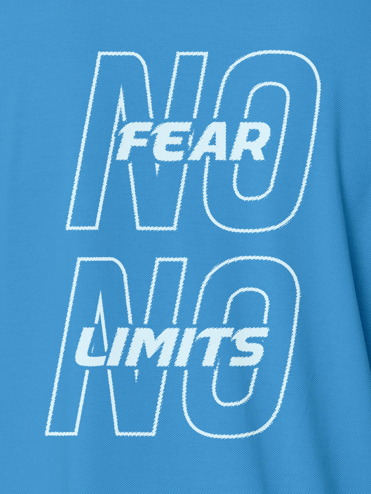 Close up of 'No Fear No Limits' design on Women's Blue Polo T-shirt, highlighting intricate details and vibrant print.