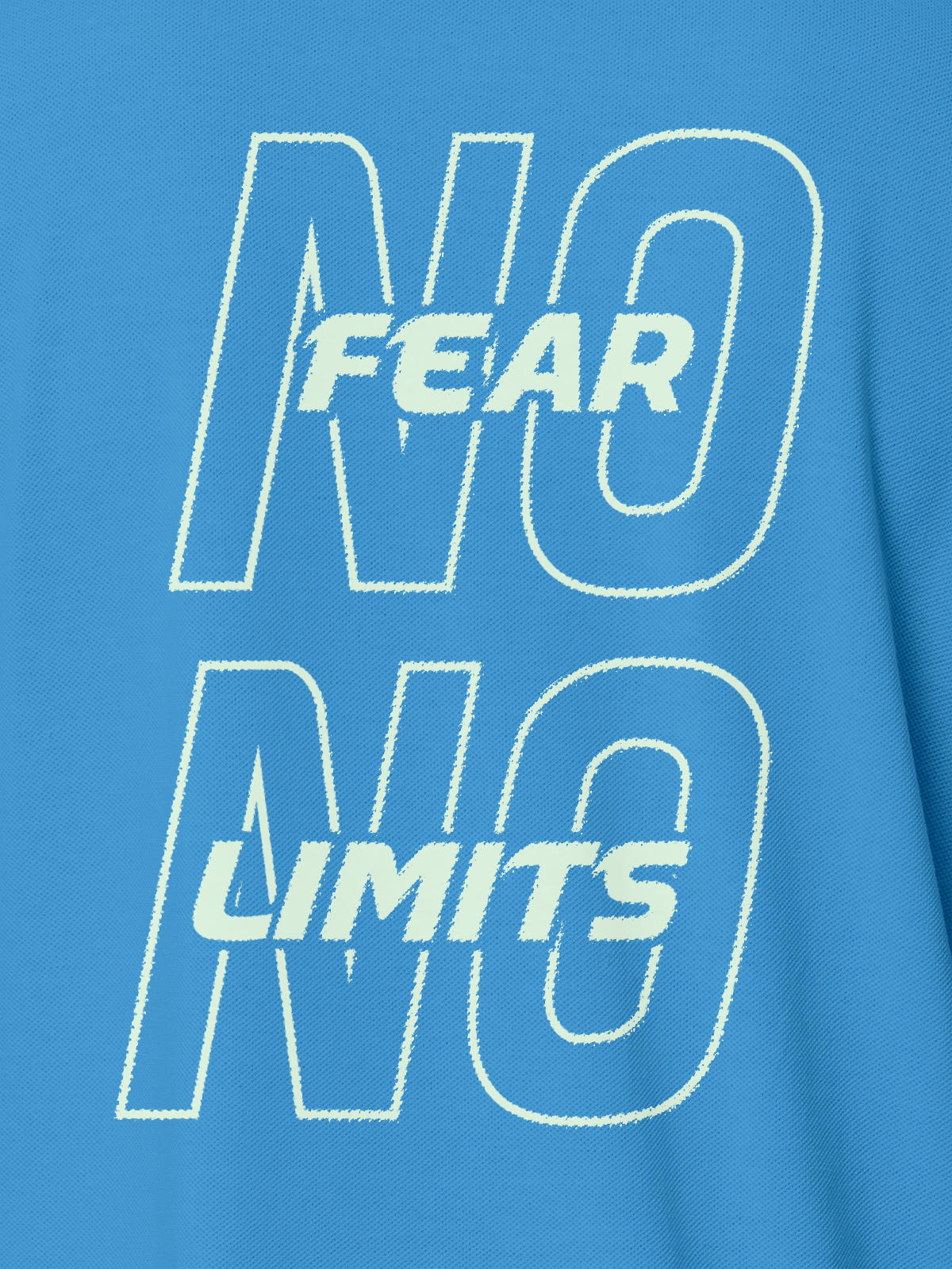 Close up of 'No Fear No Limits' design on Women's Blue Polo T-shirt, highlighting intricate details and vibrant print.