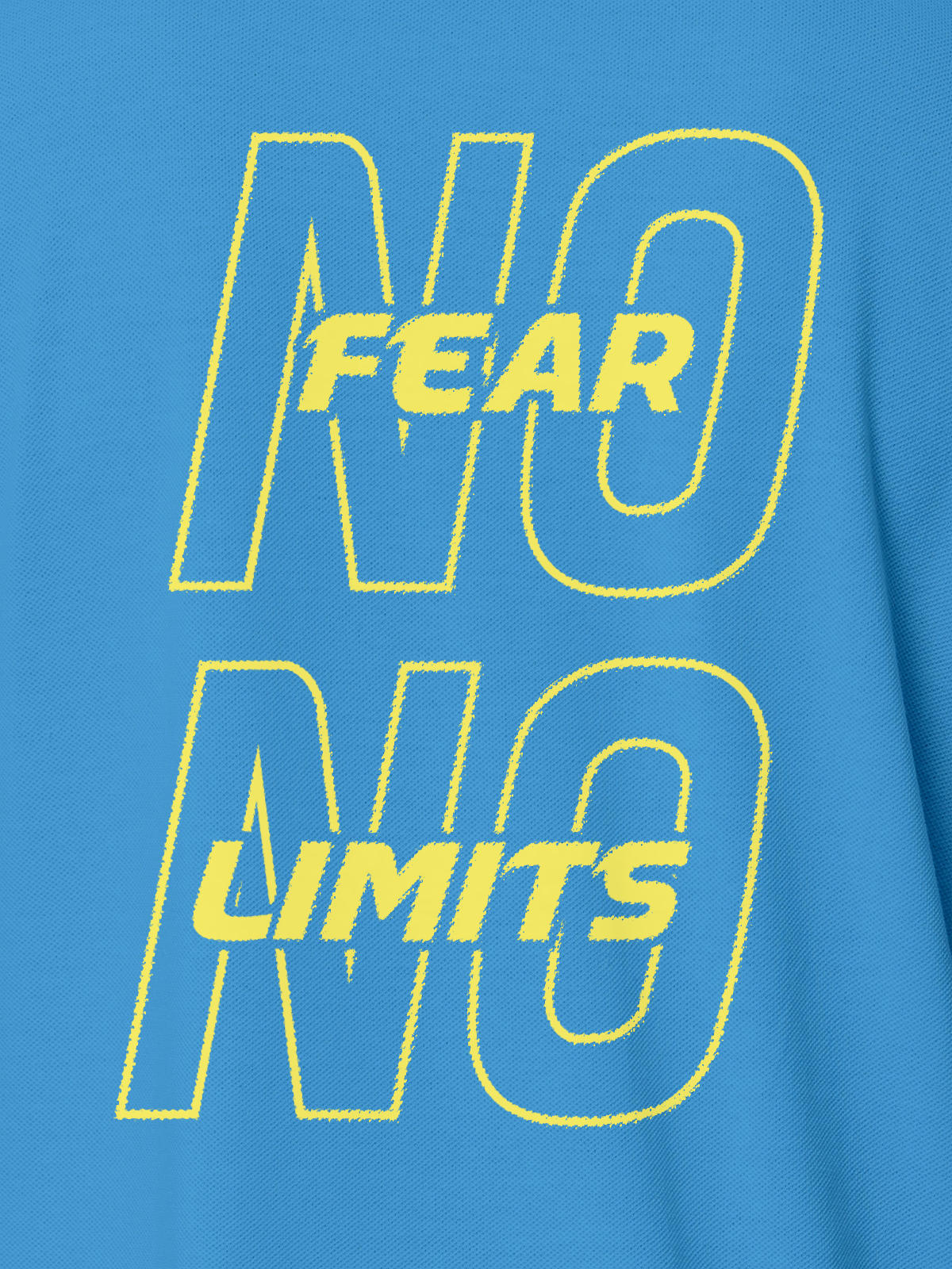 Close up of 'No Fear No Limits' design on Women's Blue Polo T-shirt, highlighting intricate details and vibrant print.