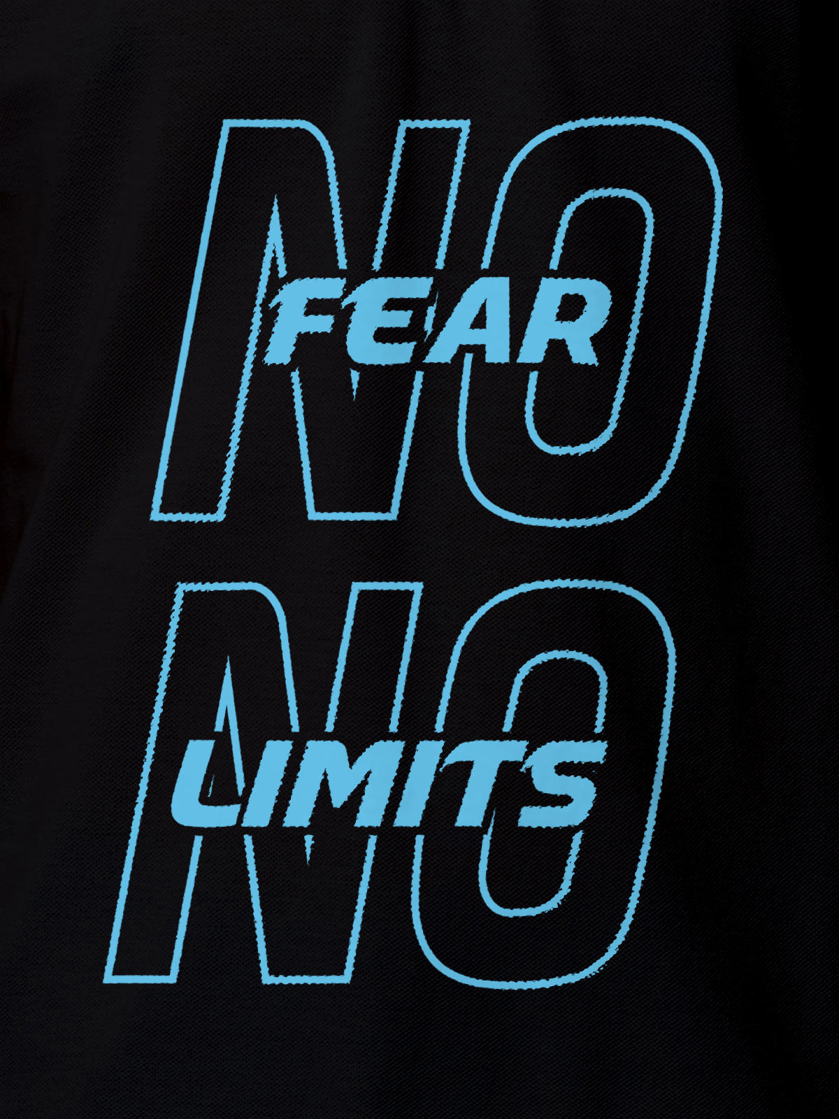 Close up of 'No Fear No Limits' design on Men's Black Polo T-shirt, highlighting intricate details and vibrant print.