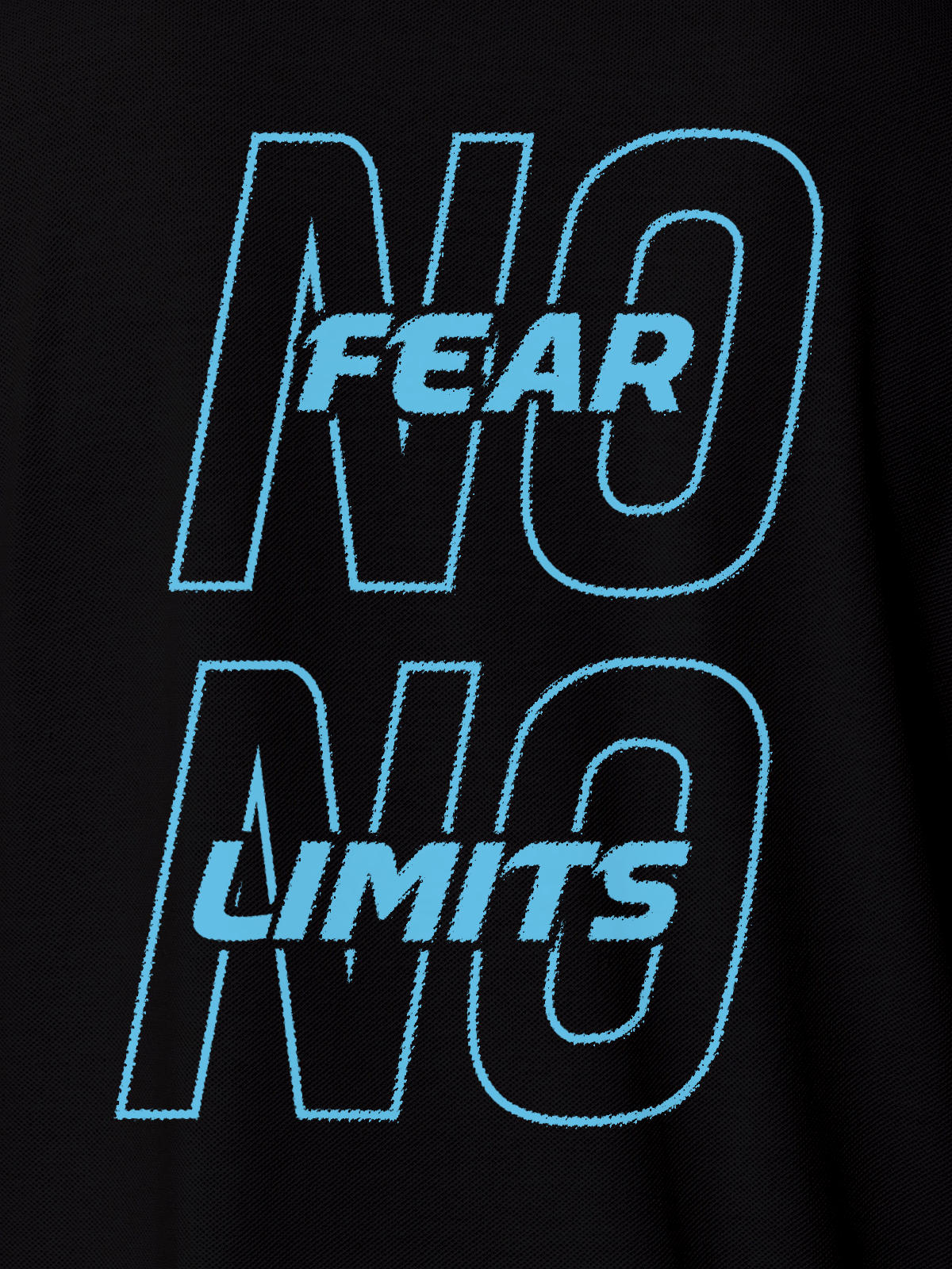 Close up of 'No Fear No Limits' design on Women's Black Polo T-shirt, highlighting intricate details and vibrant print.