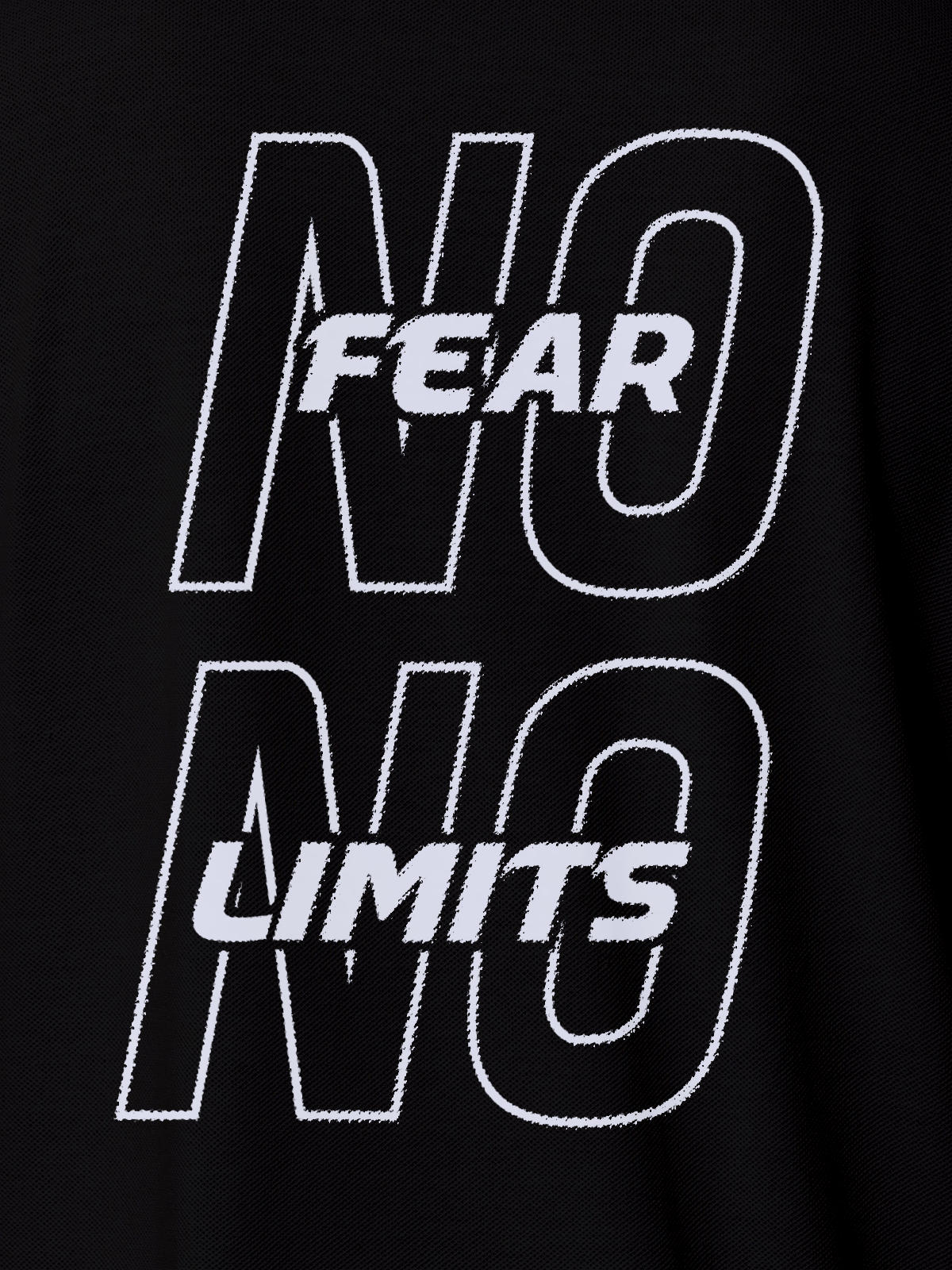 Close up of 'No Fear No Limits' design on Women's Black Polo T-shirt, highlighting intricate details and vibrant print.