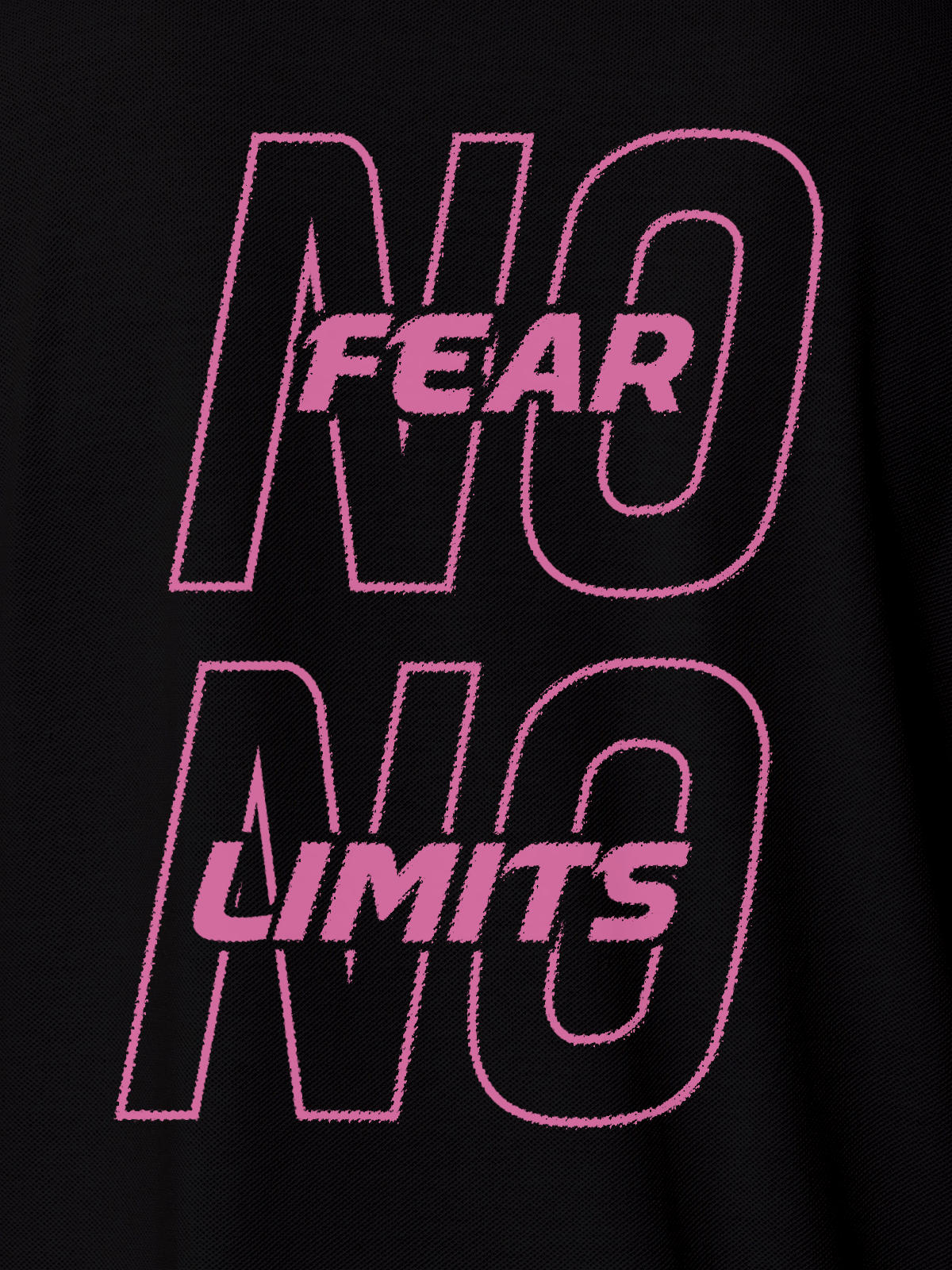 Close up of 'No Fear No Limits' design on Women's Black Polo T-shirt, highlighting intricate details and vibrant print.