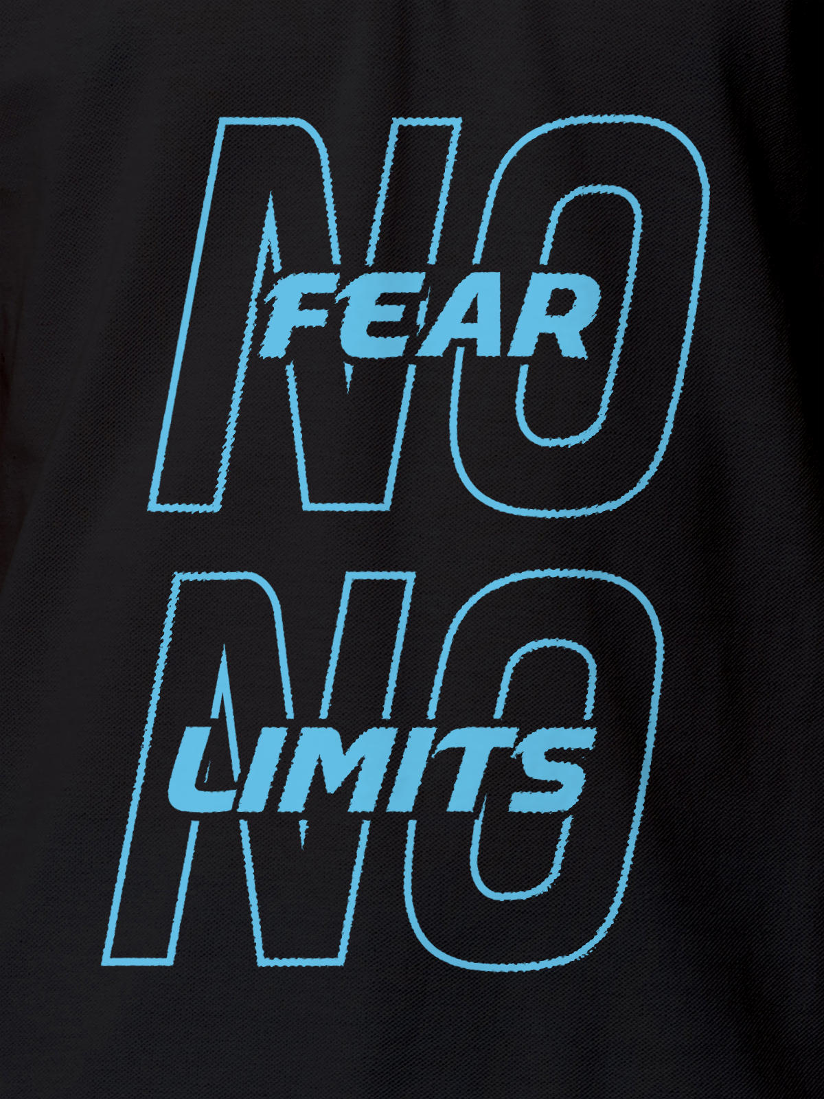 Close up of 'No Fear No Limits' design on Men's Dark Grey Polo T-shirt, highlighting intricate details and vibrant print.