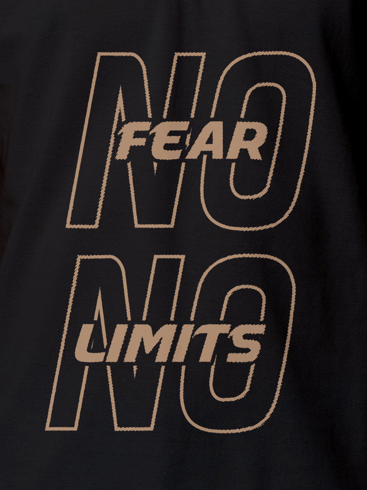 Close up of 'No Fear No Limits' design on Men's Dark Grey Polo T-shirt, highlighting intricate details and vibrant print.