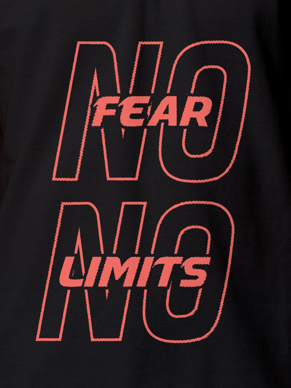 Close up of 'No Fear No Limits' design on Men's Dark Grey Polo T-shirt, highlighting intricate details and vibrant print.