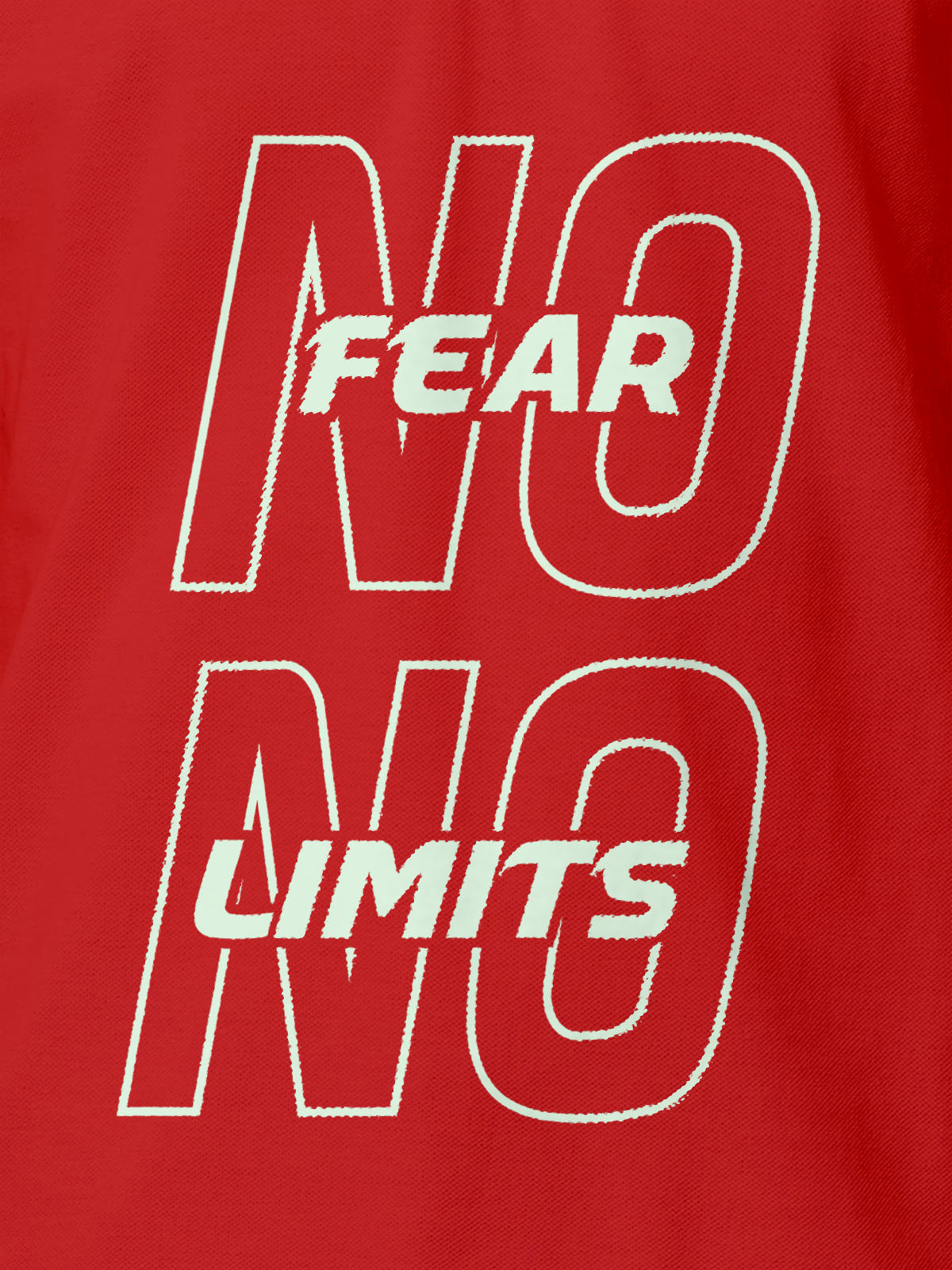 Close up of 'No Fear No Limits' design on Men's Red Polo T-shirt, highlighting intricate details and vibrant print.