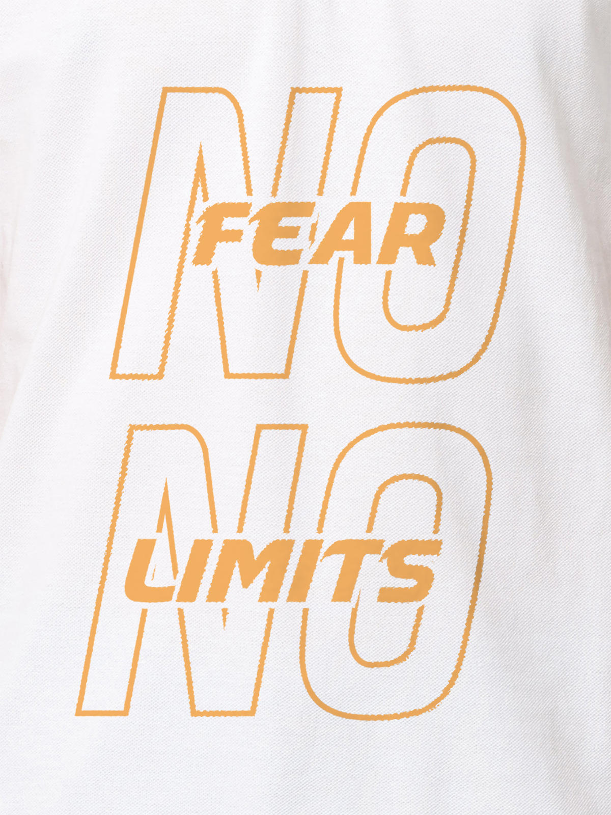 Close up of 'No Fear No Limits' design on Men's White Polo T-shirt, highlighting intricate details and vibrant print.