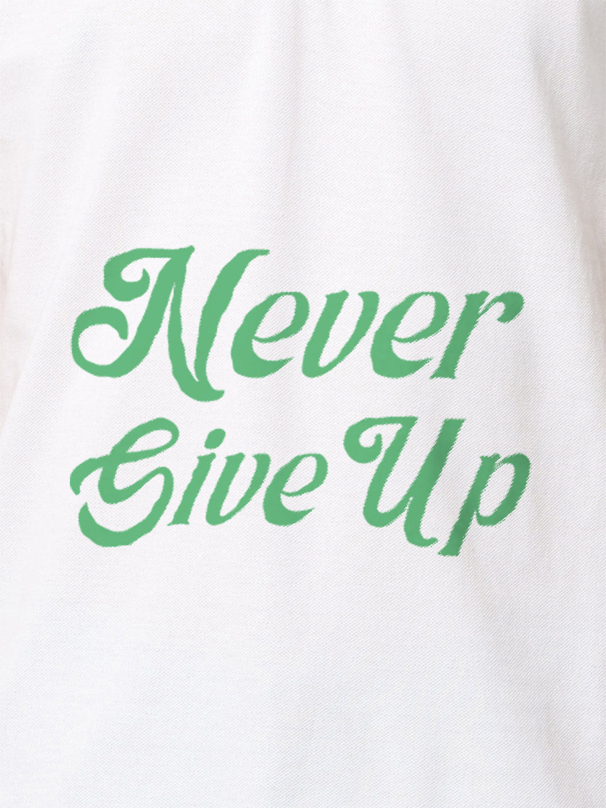 Close up of 'Never Give Up' design on Men's White Polo T-shirt, highlighting intricate details and vibrant print.