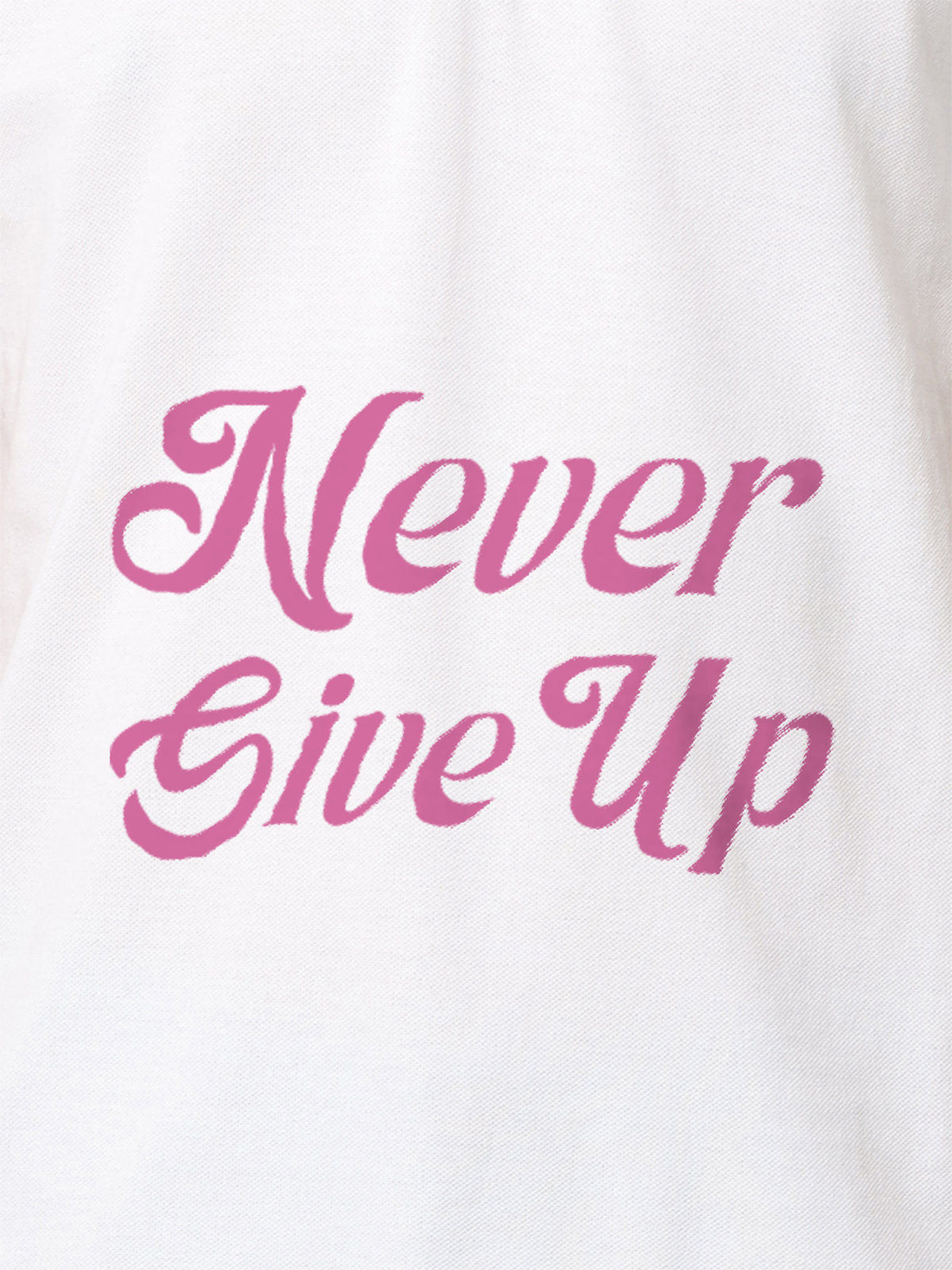Close up of 'Never Give Up' design on Men's White Polo T-shirt, highlighting intricate details and vibrant print.