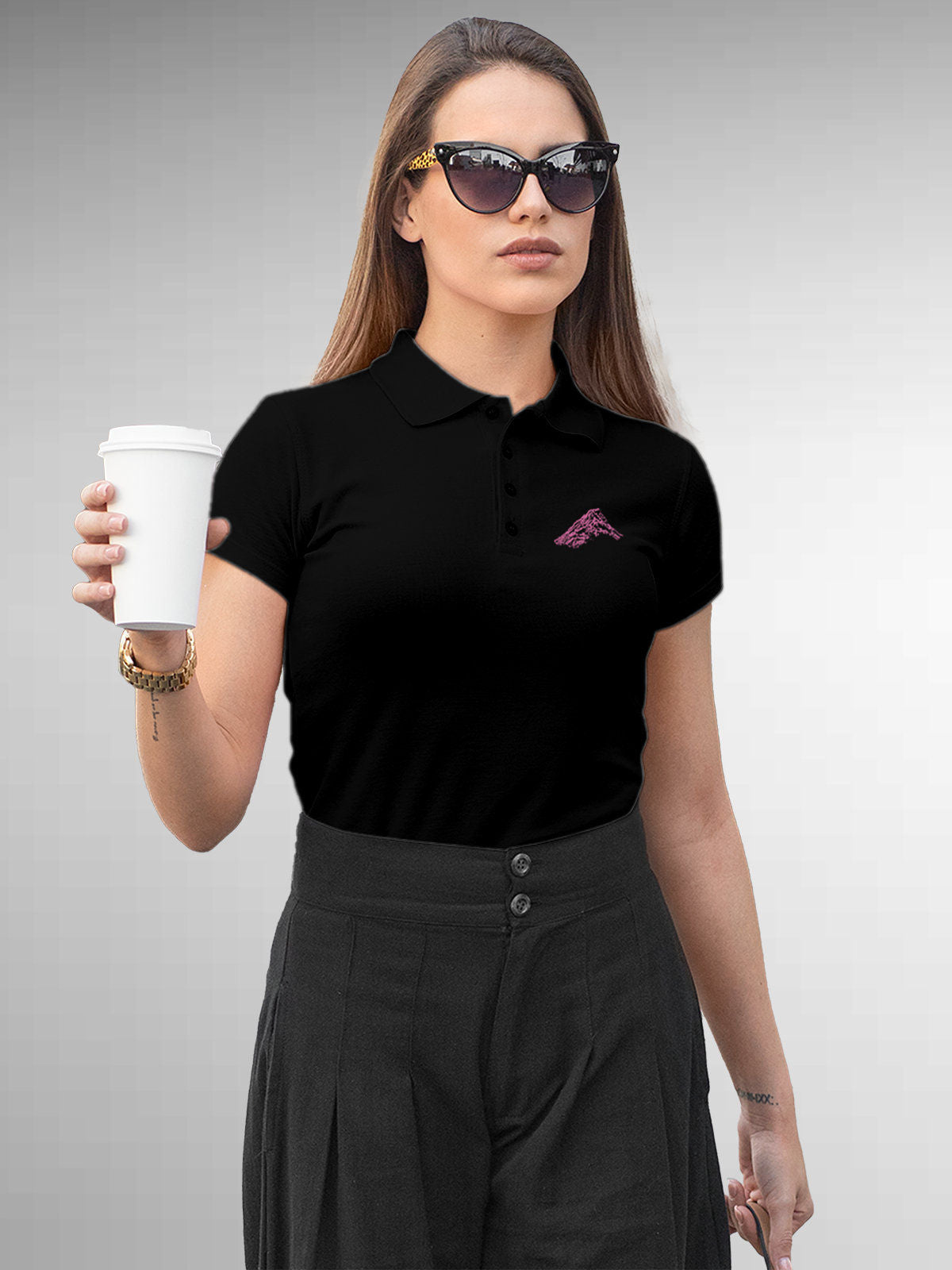 Front view of Fighterhero Women's Black Polo T-shirt, highlighting the modern look and clean finish