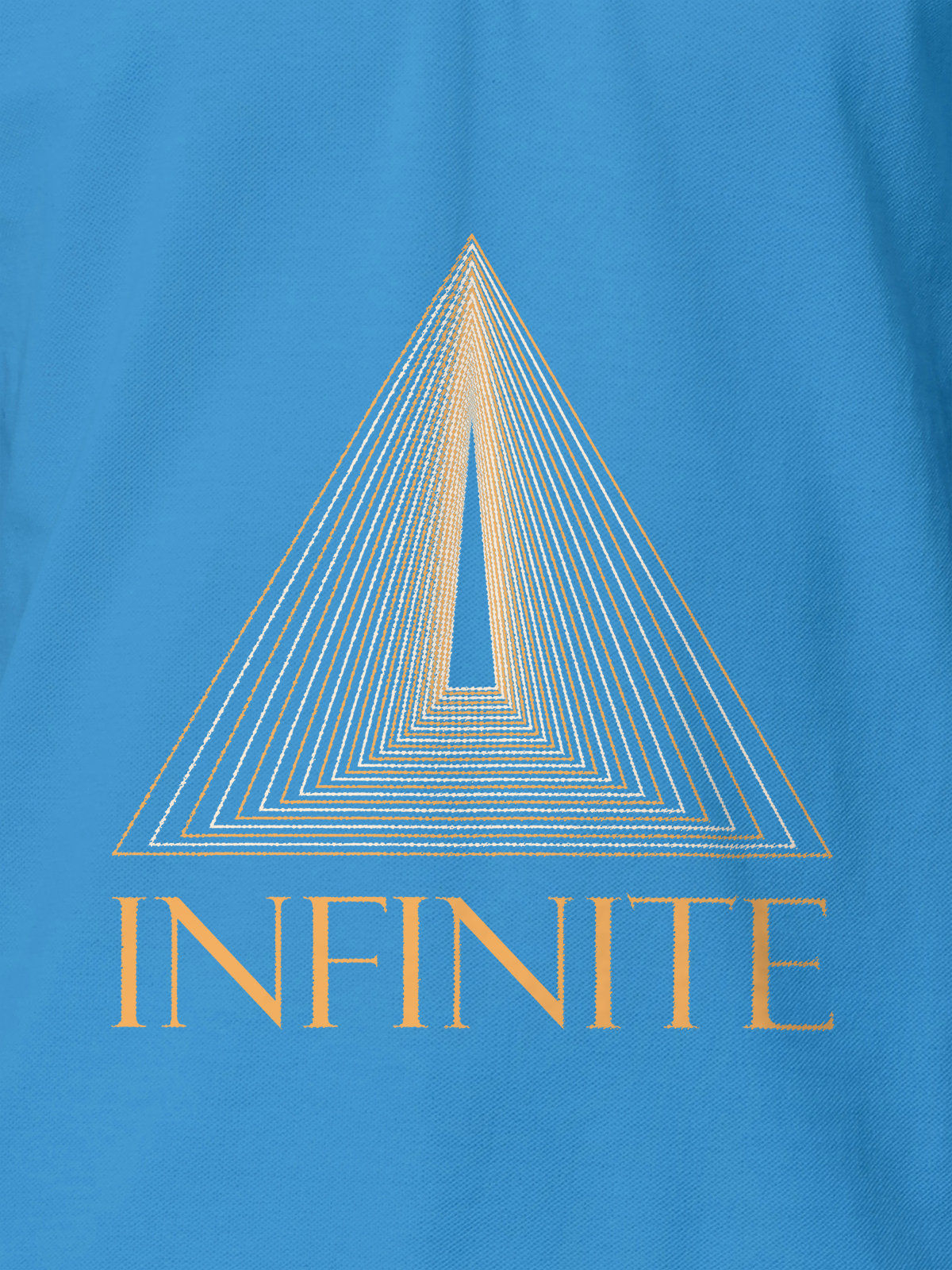 Close up of 'Go Infinite' design on Men's Blue Polo T-shirt, highlighting intricate details and vibrant print.