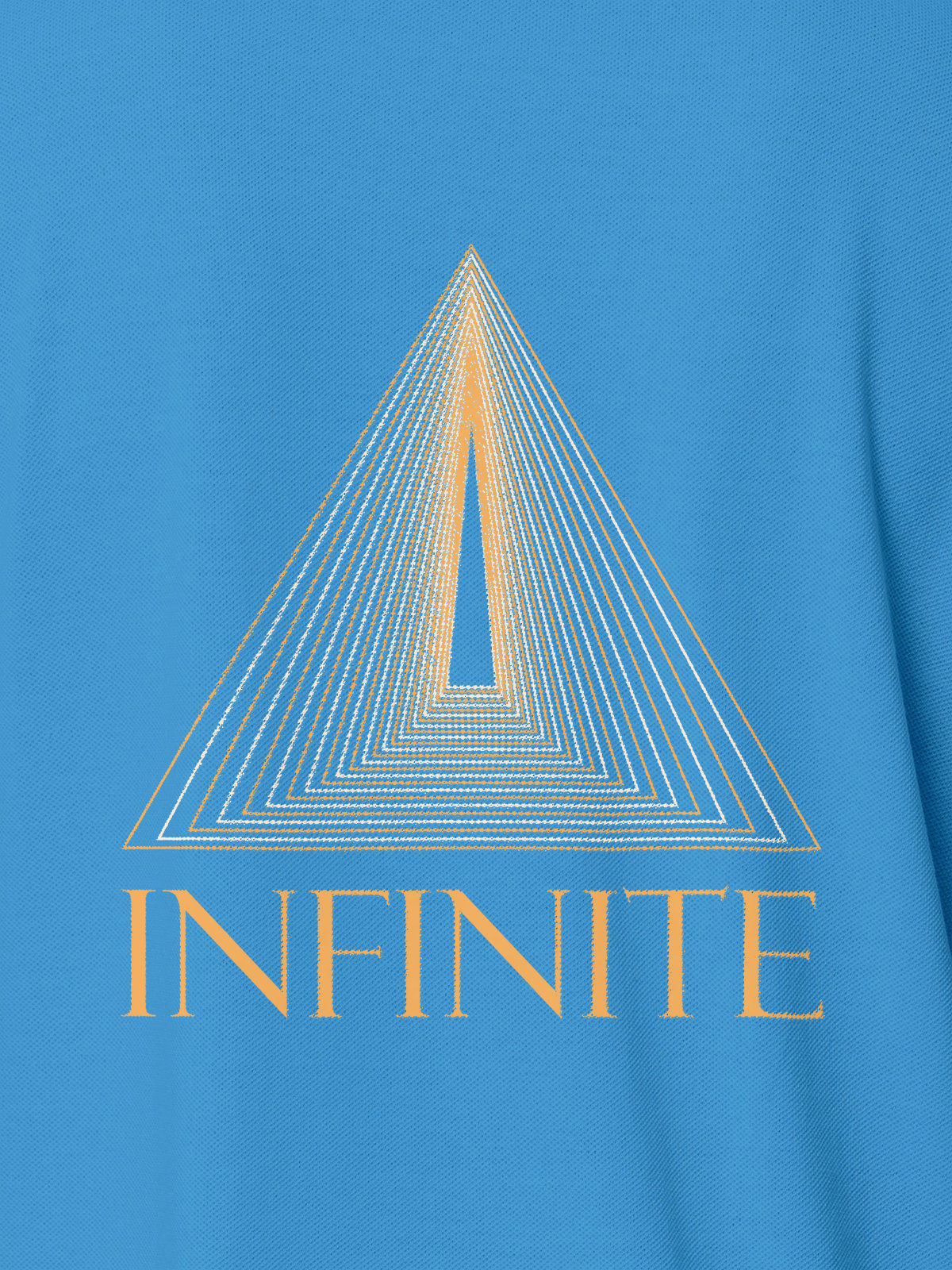 Close up of 'Go Infinite' design on Women's Blue Polo T-shirt, highlighting intricate details and vibrant print.