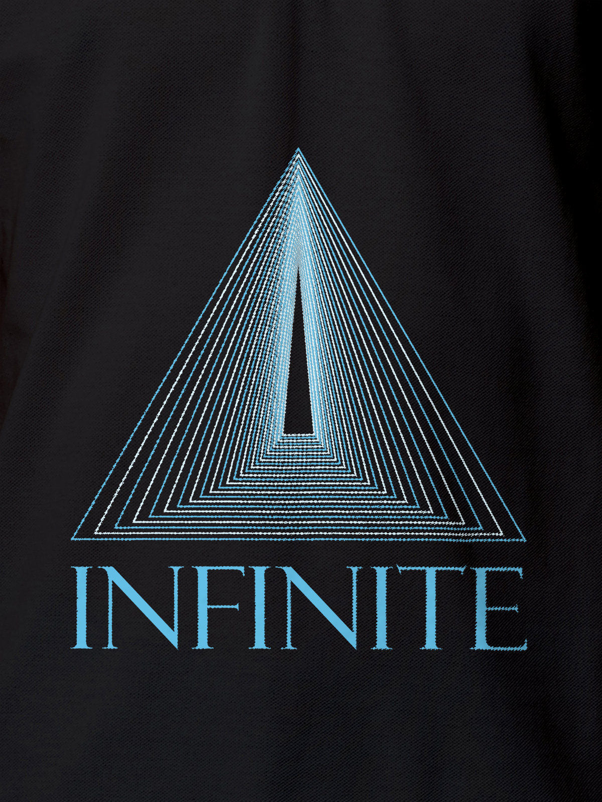 Close up of 'Go Infinite' design on Men's Dark Grey Polo T-shirt, highlighting intricate details and vibrant print.