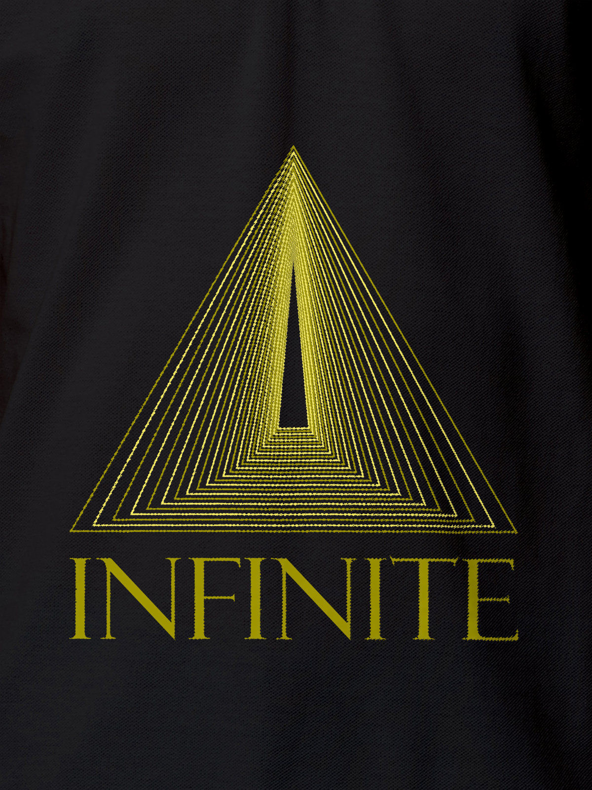 Close up of 'Go Infinite' design on Men's Dark Grey Polo T-shirt, highlighting intricate details and vibrant print.