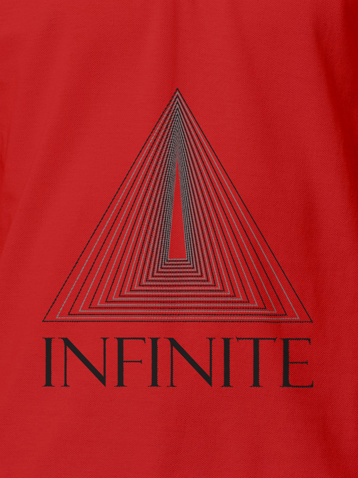 Close up of 'Go Infinite' design on Men's Red Polo T-shirt, highlighting intricate details and vibrant print.