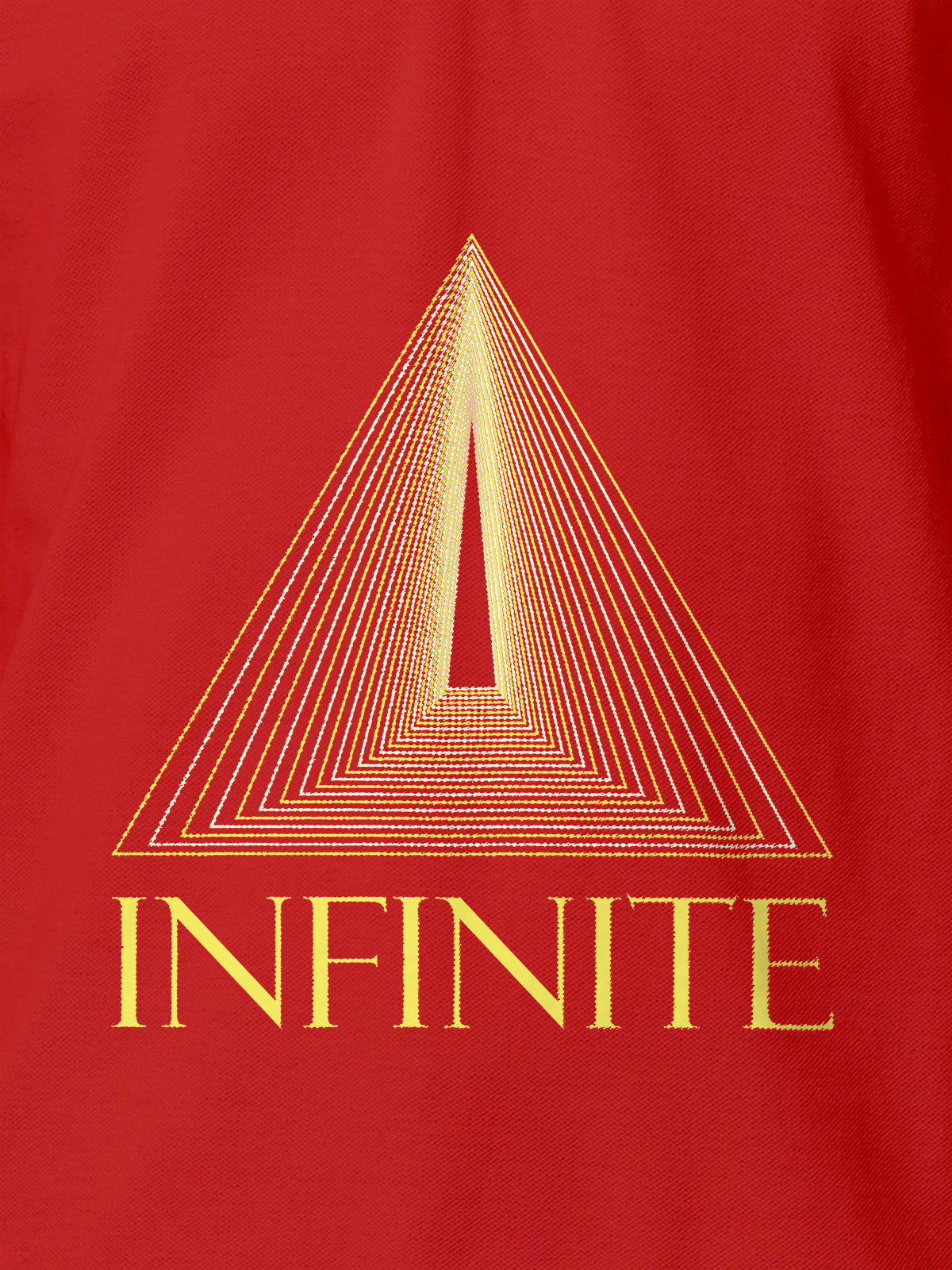 Close up of 'Go Infinite' design on Men's Red Polo T-shirt, highlighting intricate details and vibrant print.