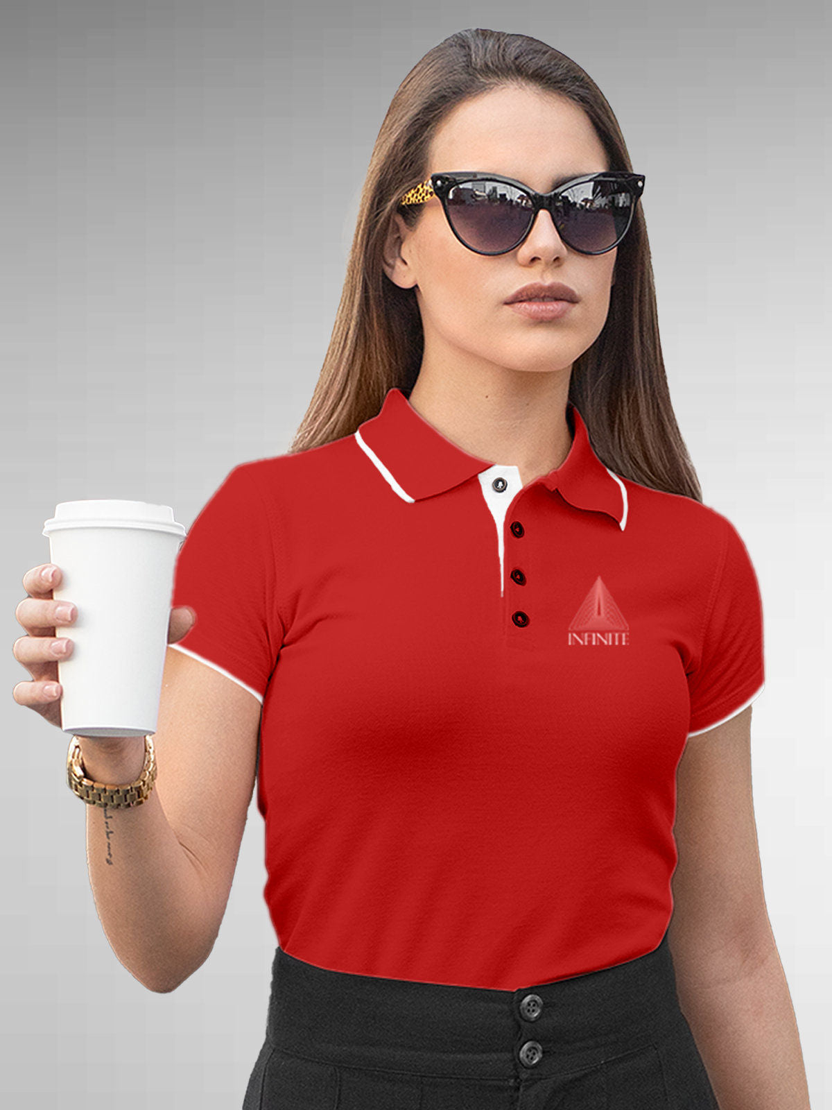 Model wearing Women's Red Polo T-shirt with 'Go Infinite' design, offering effortless style and premium comfort