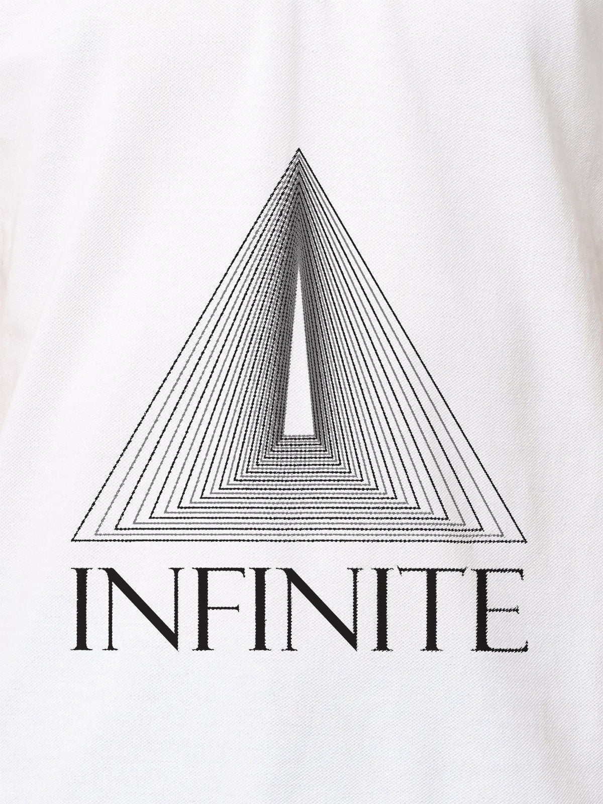 Close up of 'Go Infinite' design on Men's White Polo T-shirt, highlighting intricate details and vibrant print.