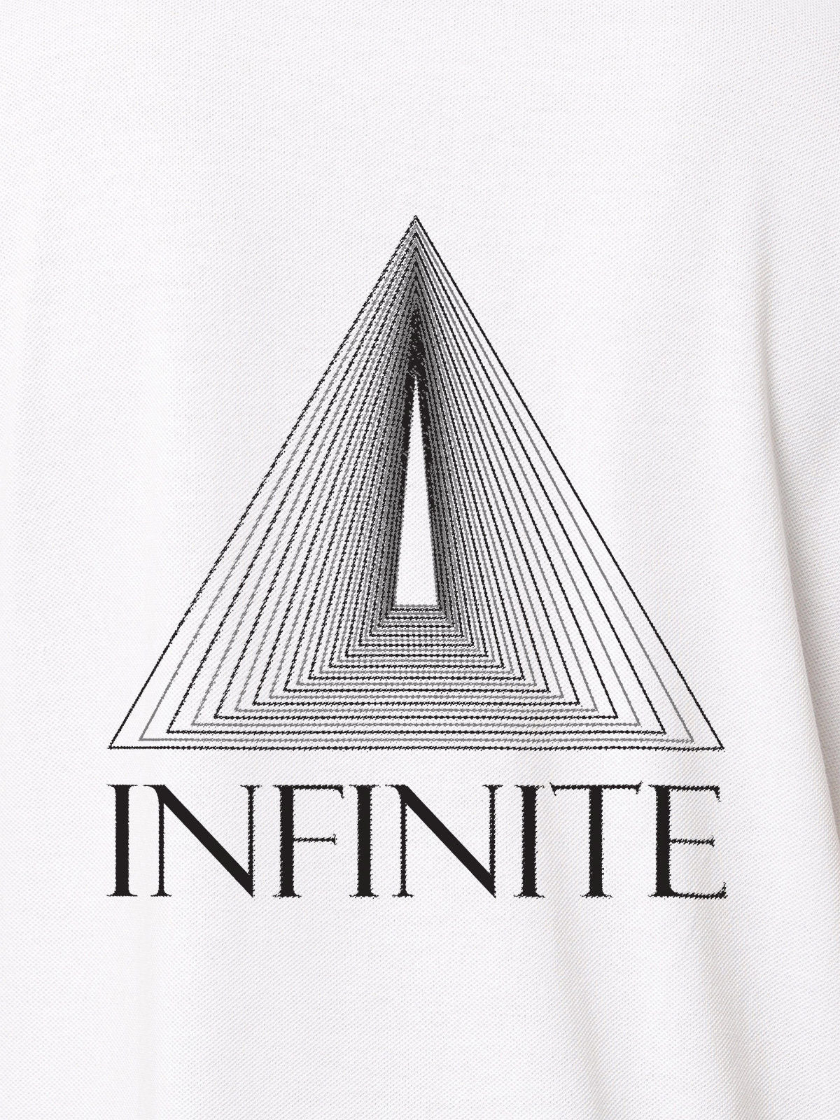 Close up of 'Go Infinite' design on Women's White Polo T-shirt, highlighting intricate details and vibrant print.