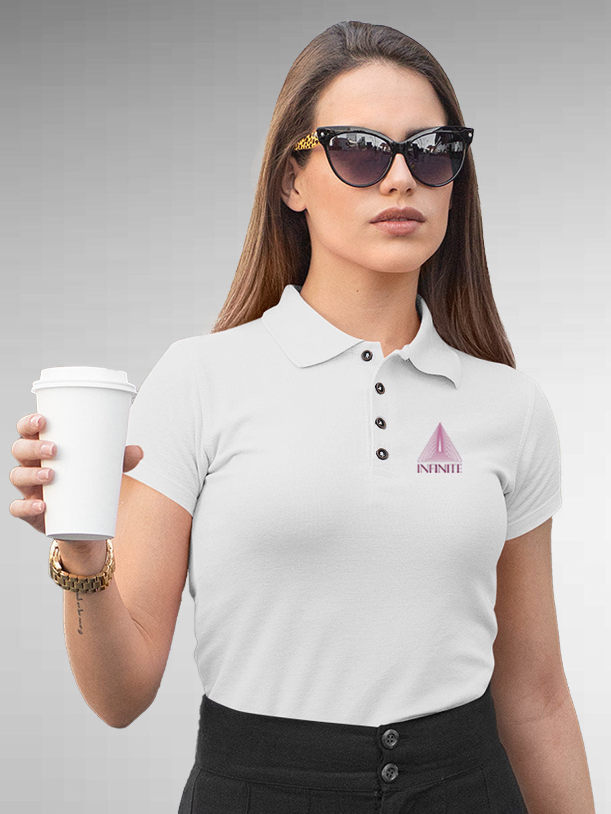 Model wearing Women's White Polo T-shirt with 'Go Infinite' design, offering effortless style and premium comfort