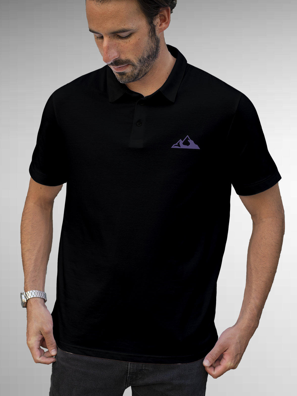 Model wearing Men's Black Polo T-shirt with 'Grit' design, offering effortless style and premium comfort