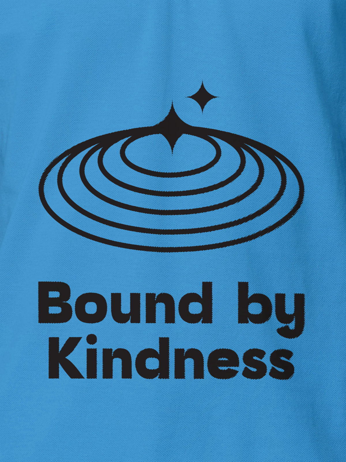 Close up of 'Bound By Kindness' design on Men's Blue Polo T-shirt, highlighting intricate details and vibrant print.