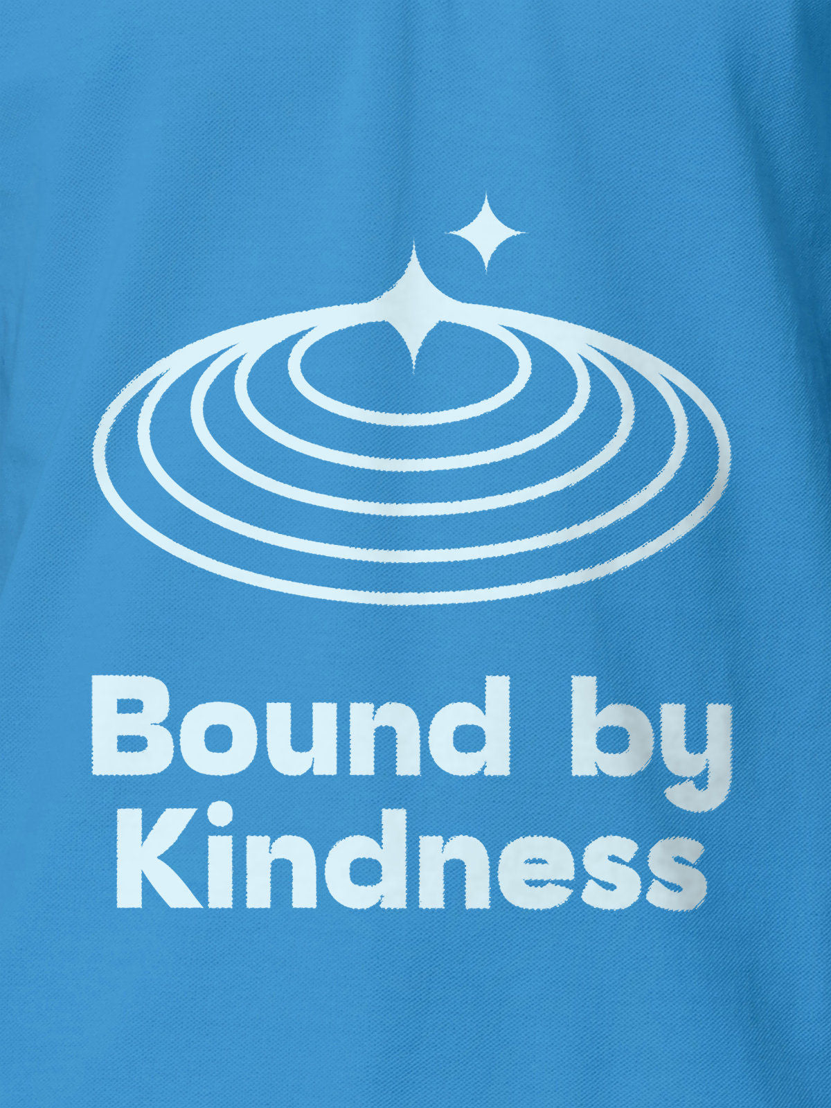 Close up of 'Bound By Kindness' design on Men's Blue Polo T-shirt, highlighting intricate details and vibrant print.