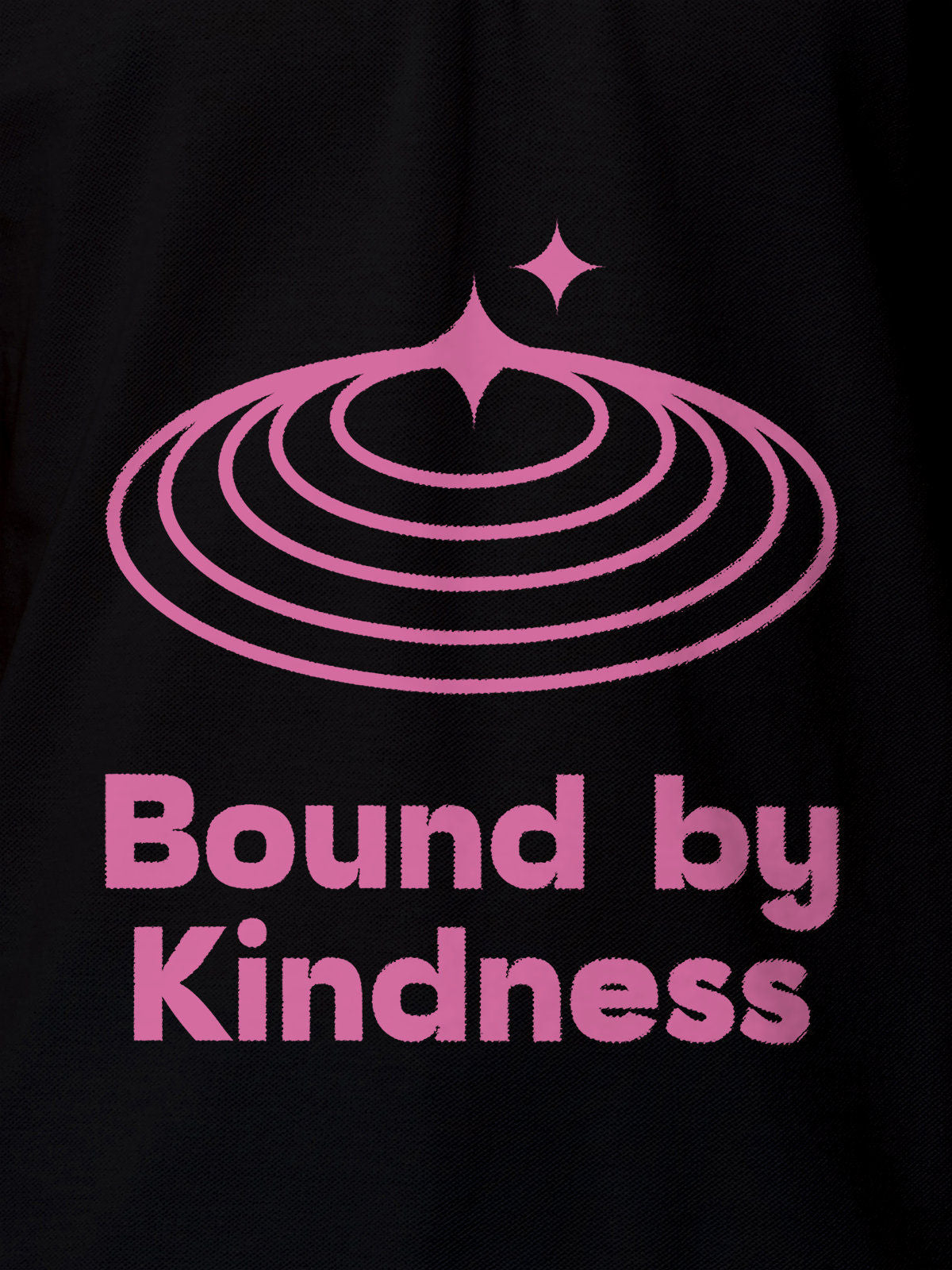 Close up of 'Bound By Kindness' design on Men's Black Polo T-shirt, highlighting intricate details and vibrant print.