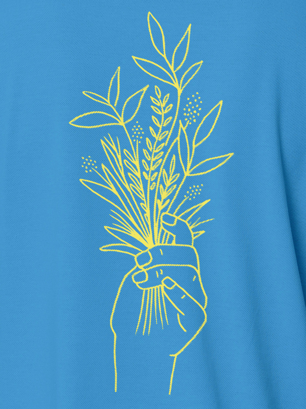 Close up of 'Love and Joy' design on Men's Blue Polo T-shirt, highlighting intricate details and vibrant print.