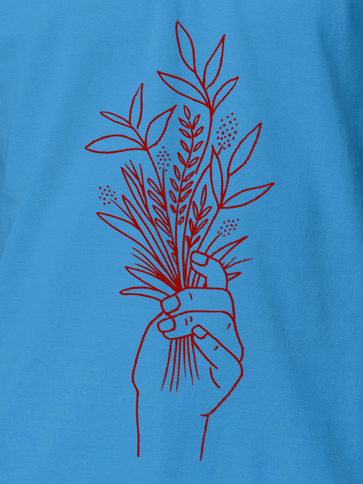 Close up of 'Love and Joy' design on Women's Blue Polo T-shirt, highlighting intricate details and vibrant print.