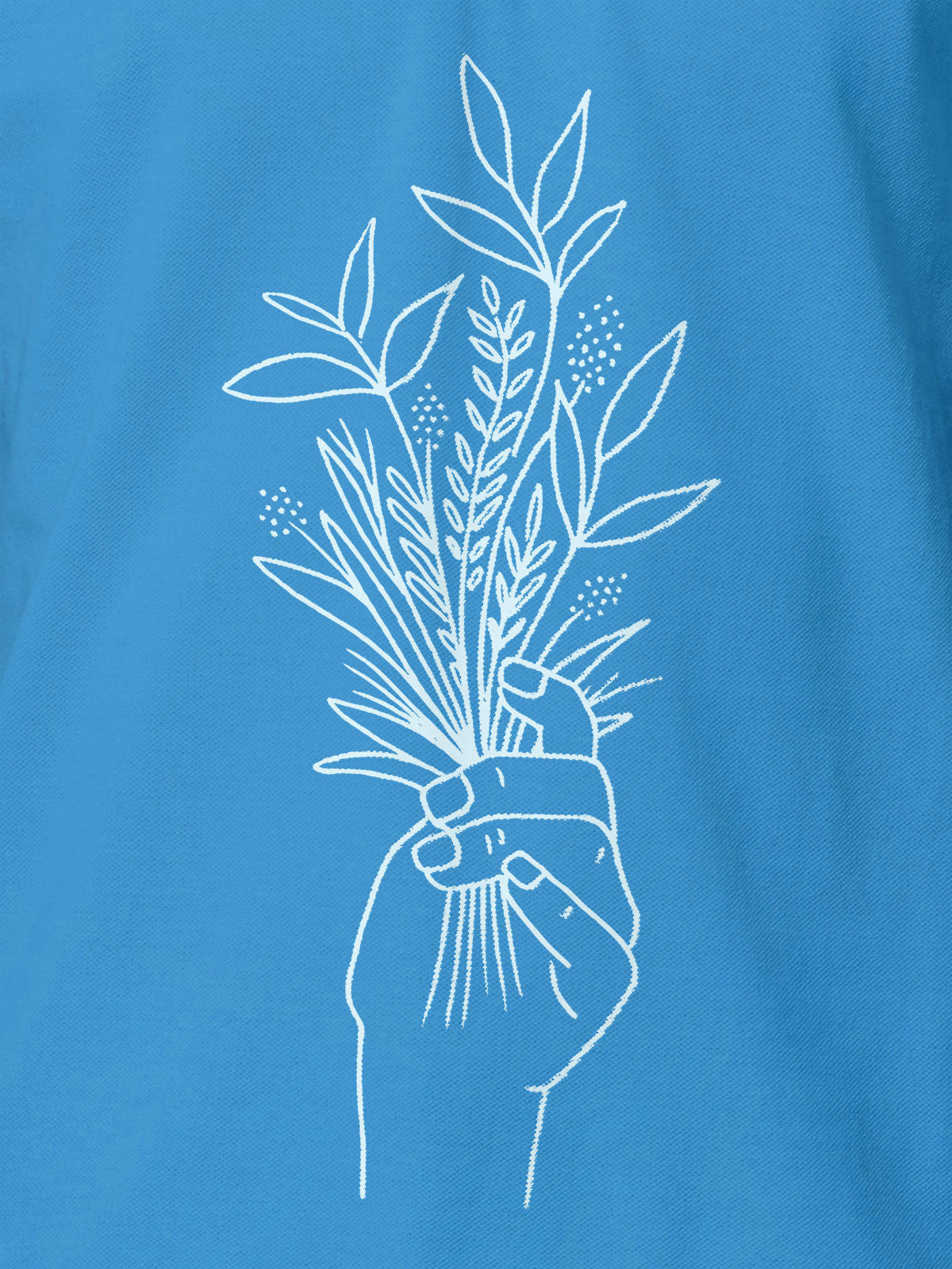 Close up of 'Love and Joy' design on Women's Blue Polo T-shirt, highlighting intricate details and vibrant print.