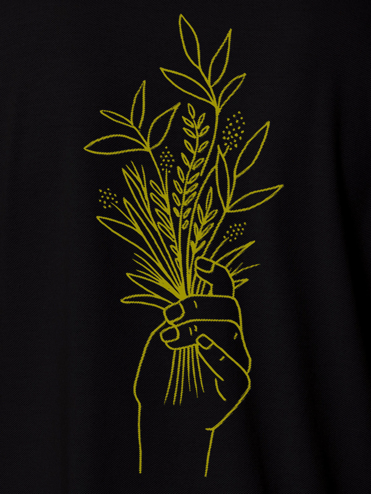 Close up of 'Love and Joy' design on Men's Black Polo T-shirt, highlighting intricate details and vibrant print.