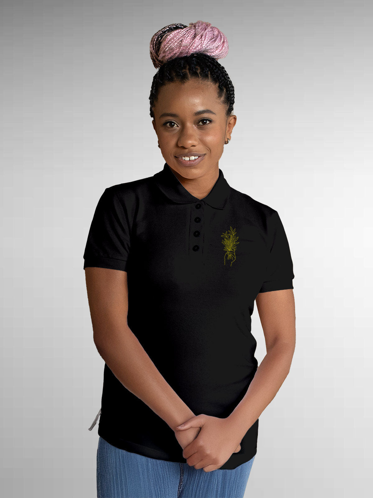 Model wearing Women's Black Polo T-shirt with 'Love and Joy' design, offering effortless style and premium comfort