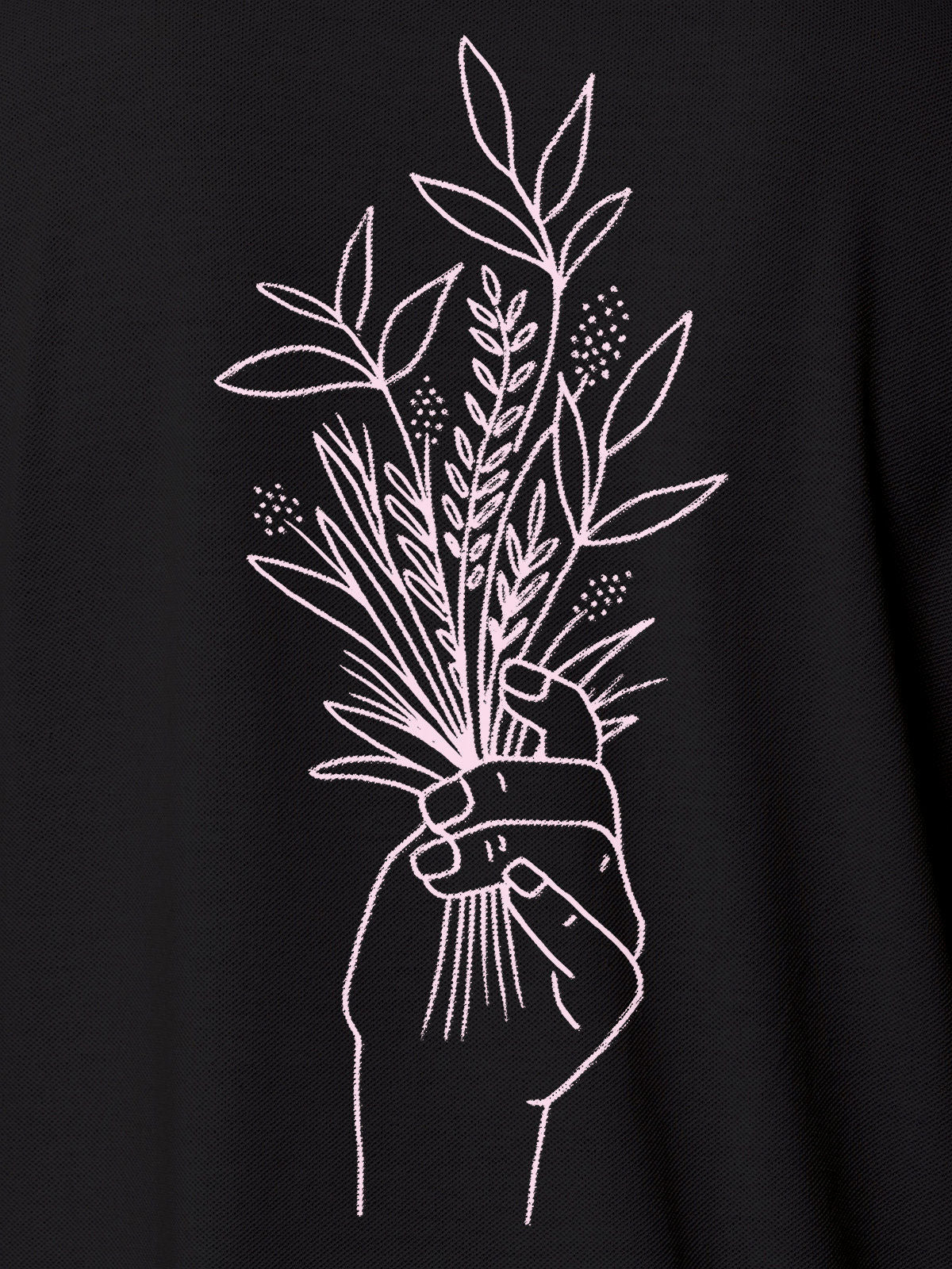 Close up of 'Love and Joy' design on Men's Dark Grey Polo T-shirt, highlighting intricate details and vibrant print.