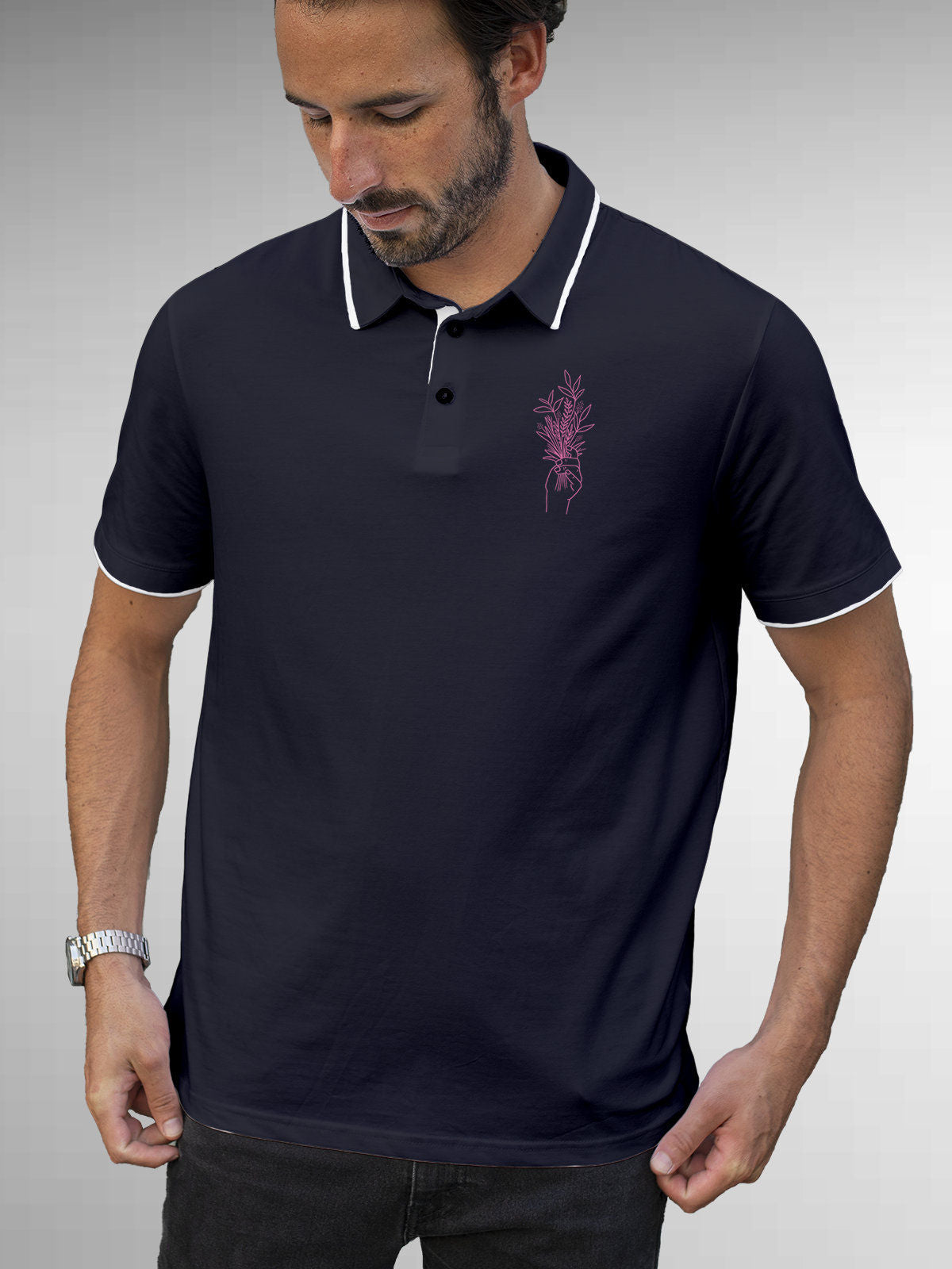 Model wearing Men's Navy Blue Polo T-shirt with 'Love and Joy' design, offering effortless style and premium comfort