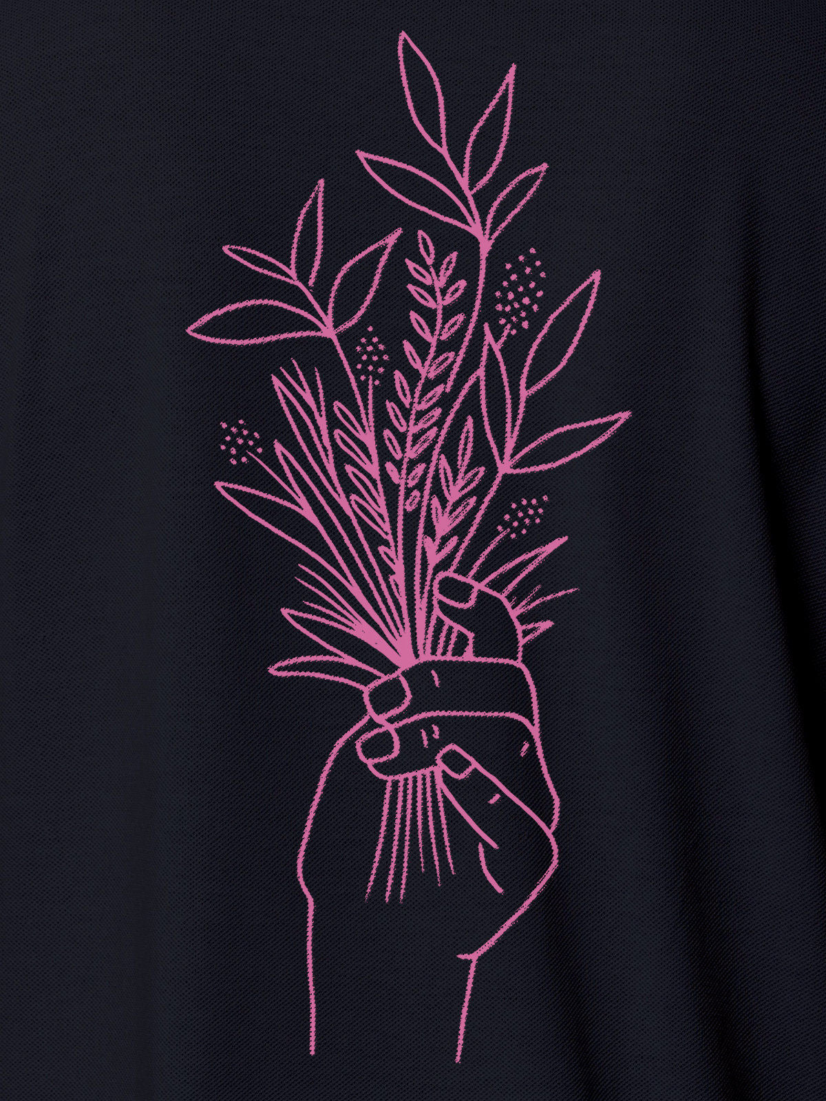Close up of 'Love and Joy' design on Men's Navy Blue Polo T-shirt, highlighting intricate details and vibrant print.