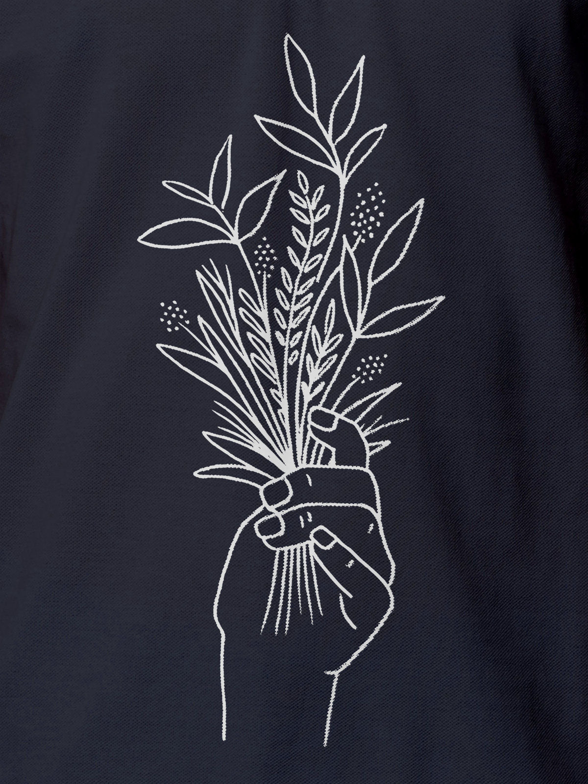 Close up of 'Love and Joy' design on Women's Navy Blue Polo T-shirt, highlighting intricate details and vibrant print.