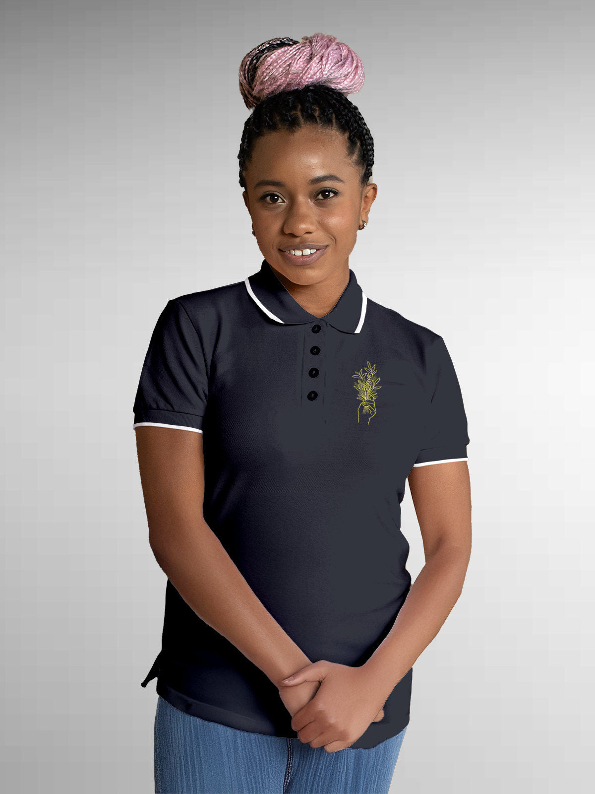 Model wearing Women's Navy Blue Polo T-shirt with 'Love and Joy' design, offering effortless style and premium comfort