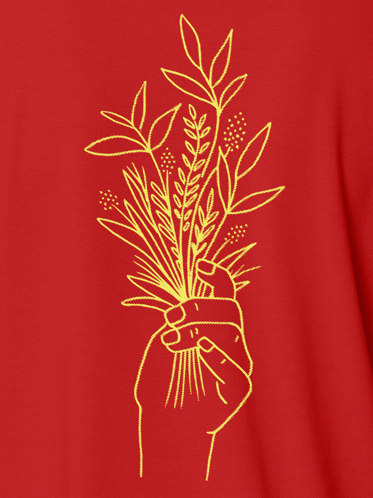 Close up of 'Love and Joy' design on Men's Red Polo T-shirt, highlighting intricate details and vibrant print.