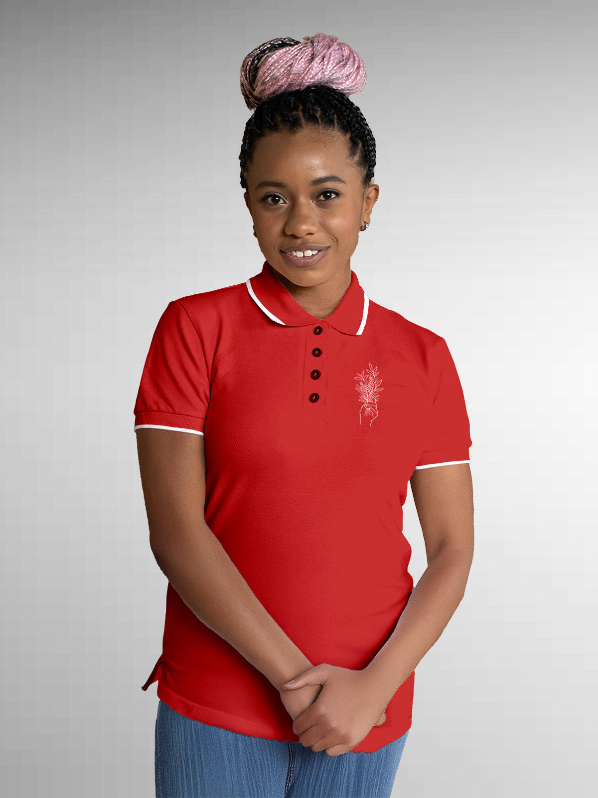 Model wearing Women's Red Polo T-shirt with 'Love and Joy' design, offering effortless style and premium comfort