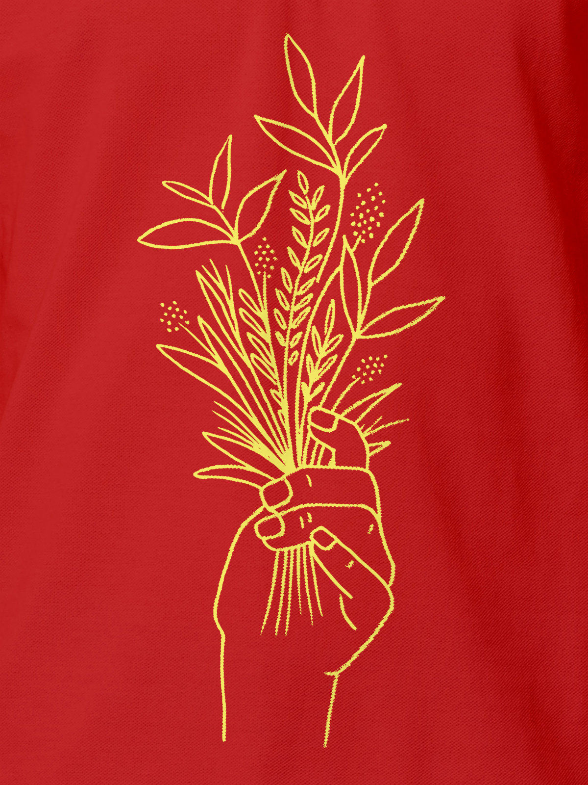 Close up of 'Love and Joy' design on Women's Red Polo T-shirt, highlighting intricate details and vibrant print.