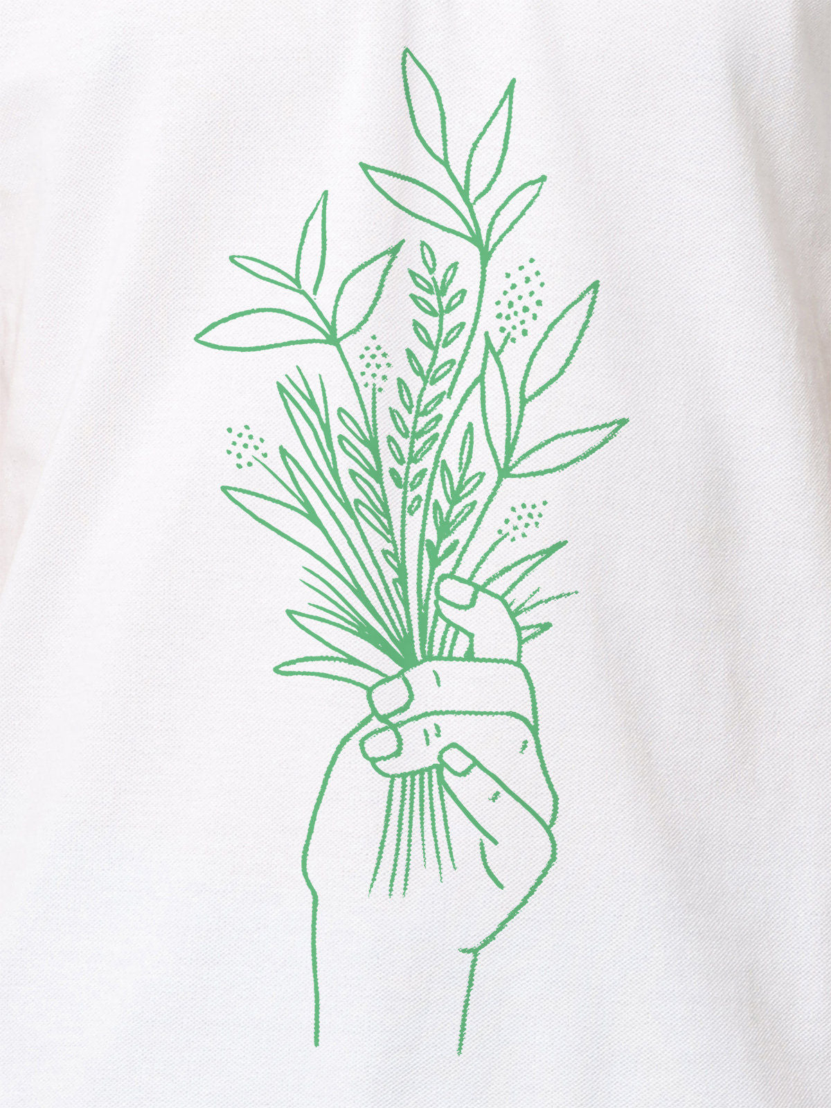 Close up of 'Love and Joy' design on Women's White Polo T-shirt, highlighting intricate details and vibrant print.
