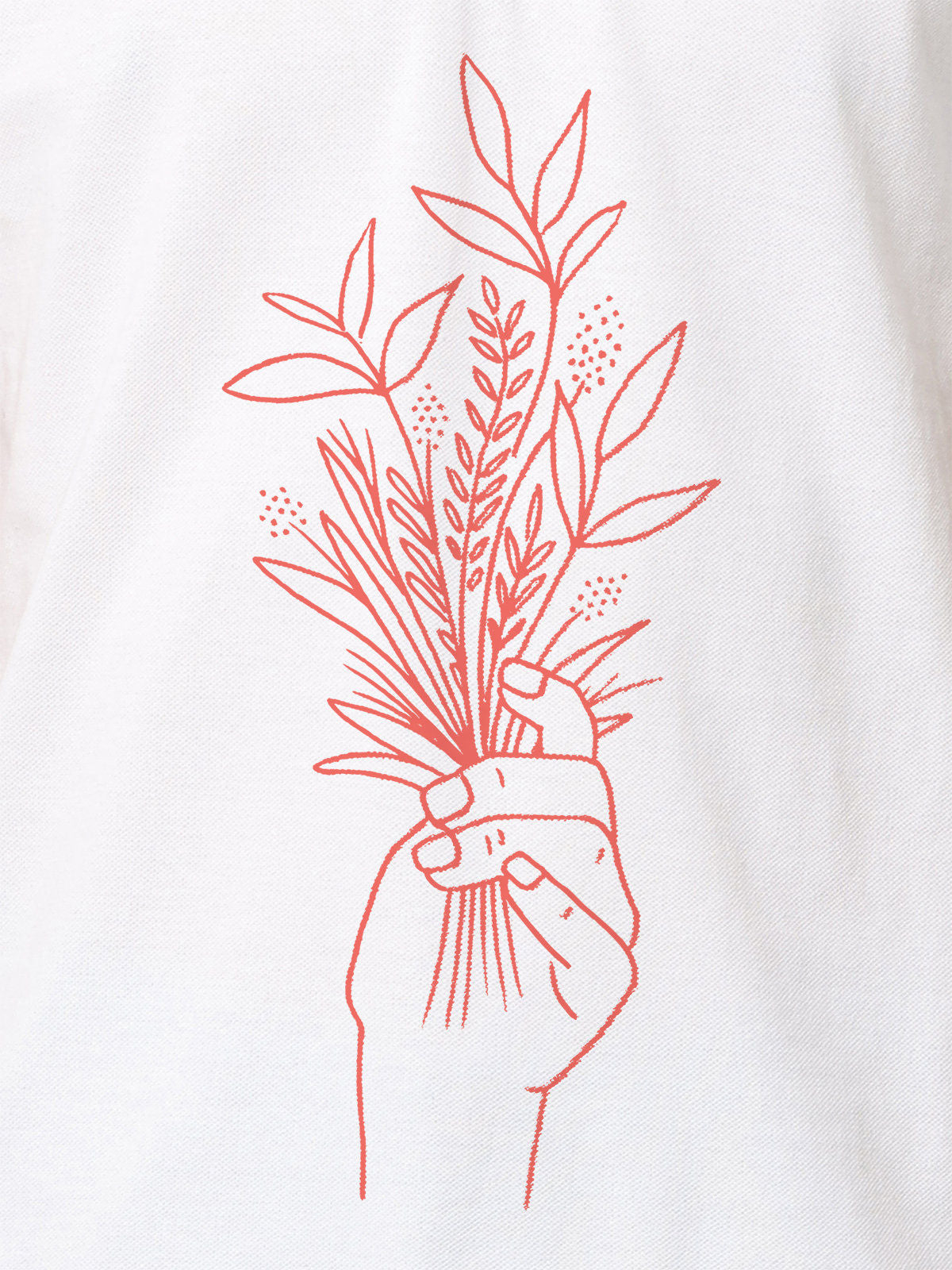 Close up of 'Love and Joy' design on Women's White Polo T-shirt, highlighting intricate details and vibrant print.