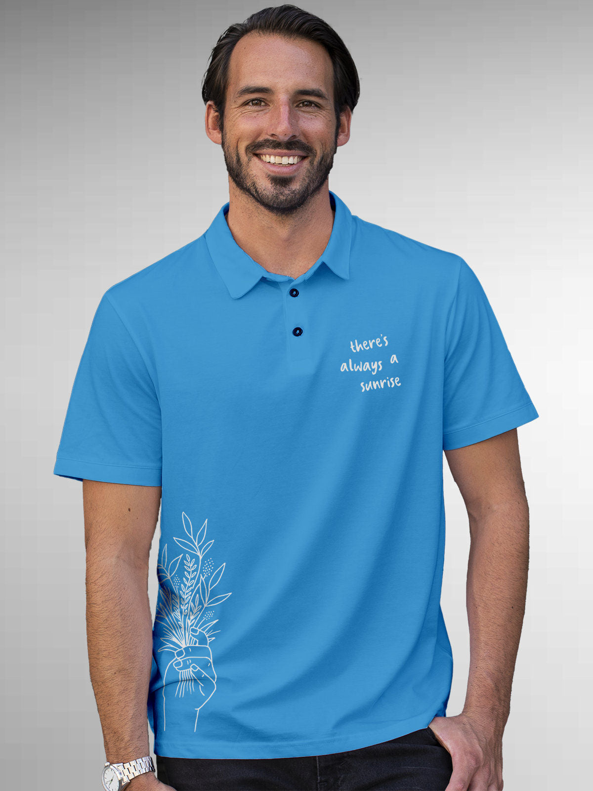 Model wearing Men's Blue Polo T-shirt with 'There's Always a Sunrise' design, offering effortless style and premium comfort