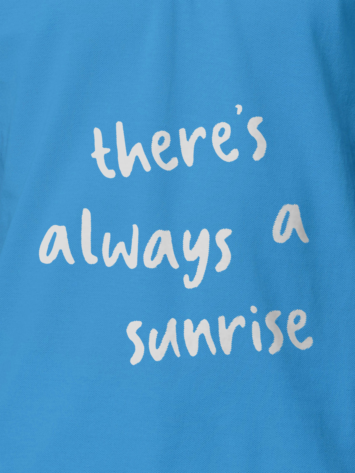 Close up of 'There's Always a Sunrise' design on Men's Blue Polo T-shirt, highlighting intricate details and vibrant print.
